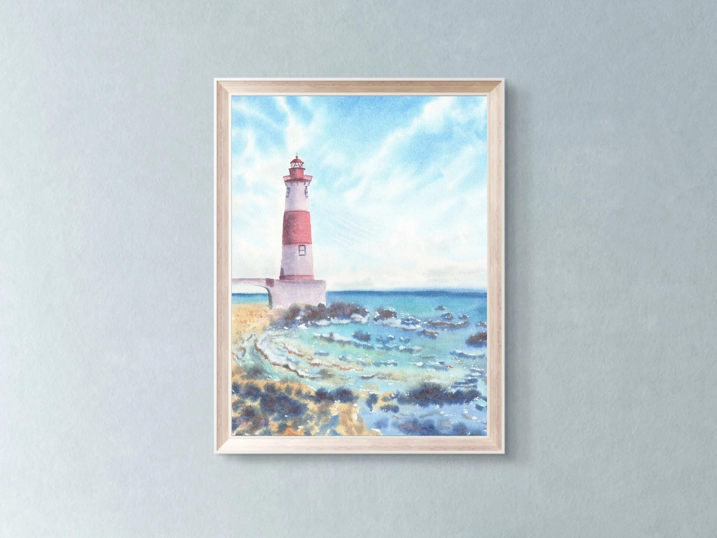 Coastal Lighthouse Archival Art Print, Watercolor Lighthouse Painting, Nautical Wall Art, Ocean Landscape Decor 11.jpg