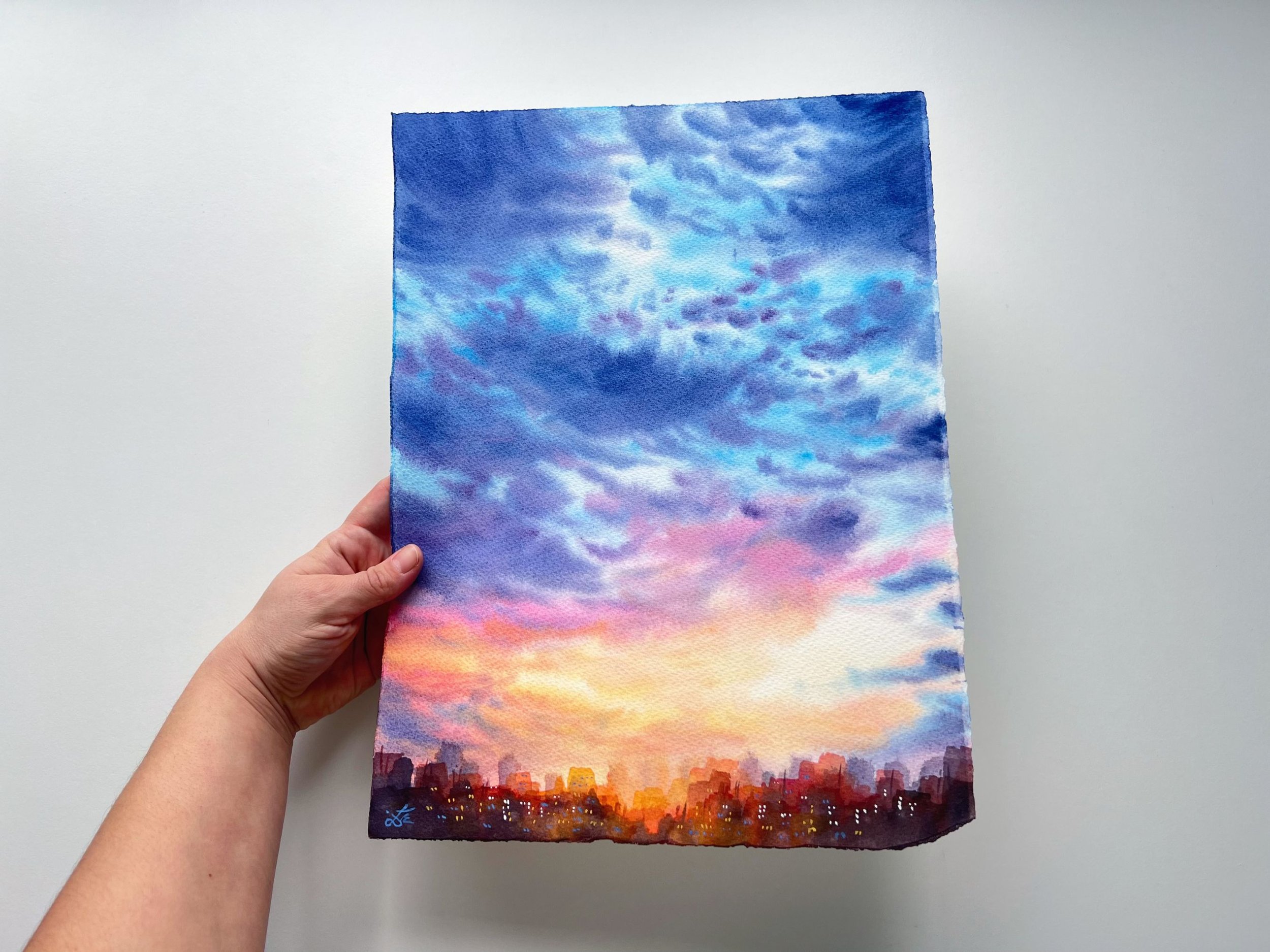 Blue Sunset Clouds Painting, Cloudscape Painting, Original Watercolor Painting, Sunset Sky Painting, New Home Gift Ideas, Housewarming Gift