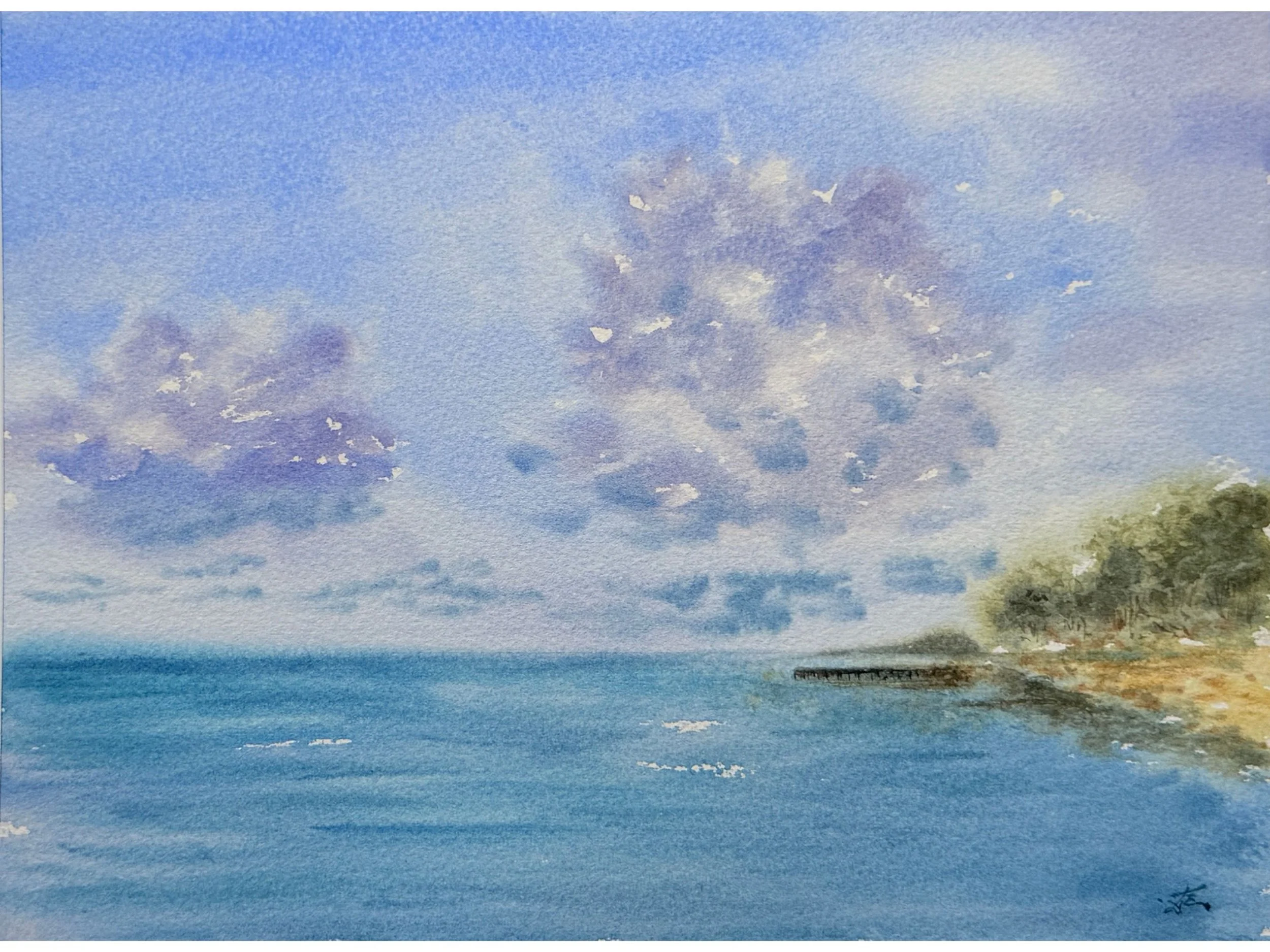 Calm Blue Seascape Original Watercolor Painting, Coastal Landscape Wall Art, Ocean Horizon Artwork, Beach House Decor 6.jpg