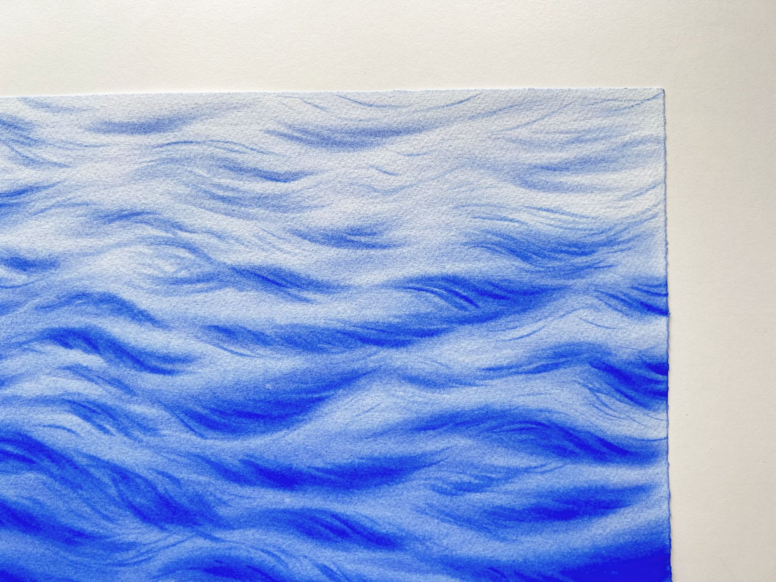Closeup of the original watercolor painting "A Touch of Wind" capturing gentle waves, sunlit reflections, and fluid, free-flowing brushstrokes.