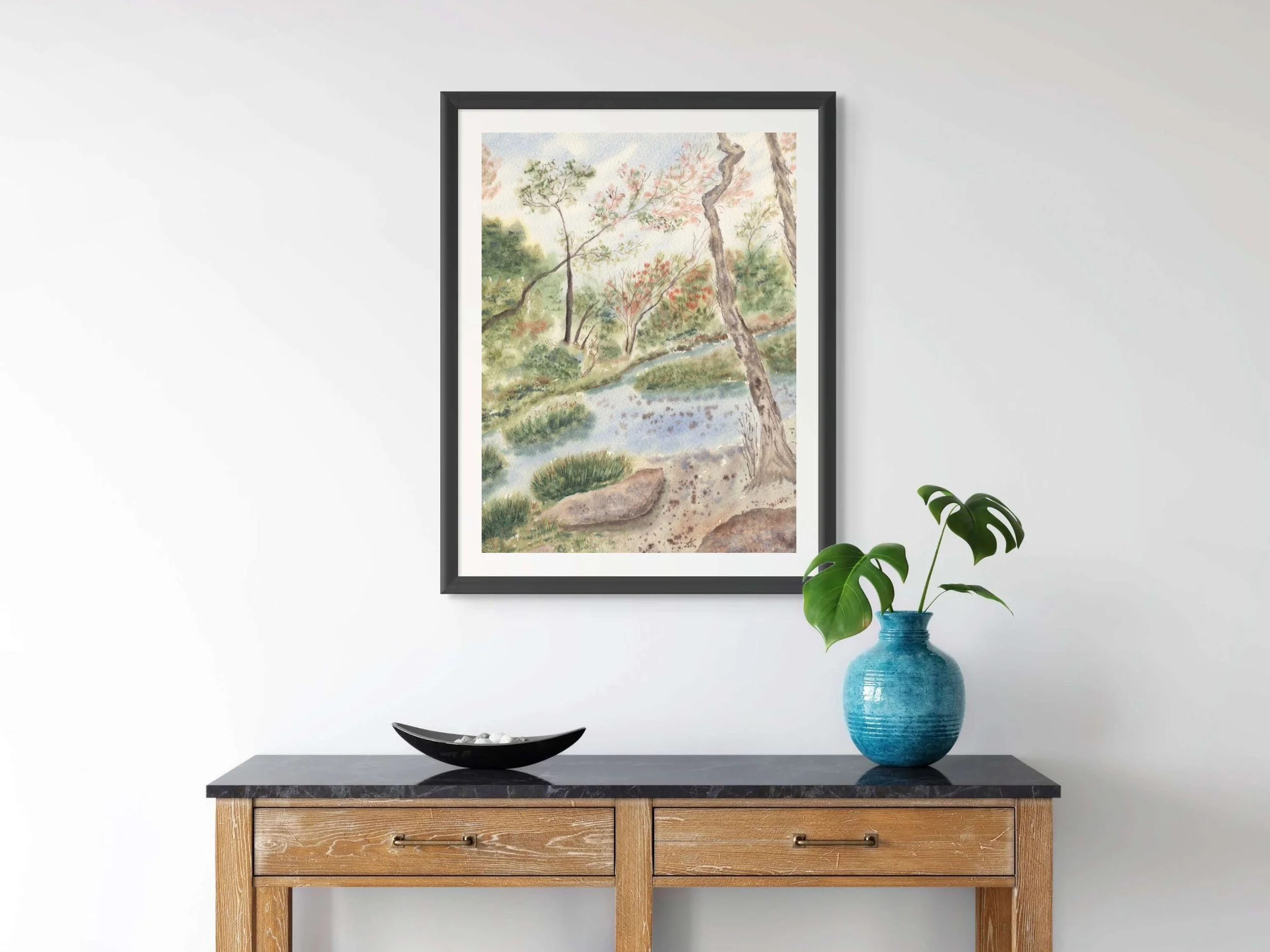 Woodland Landscape Art Print with Gentle Stream and Trees - Serene Nature Scene Forest Wall Art Poster 9.jpg