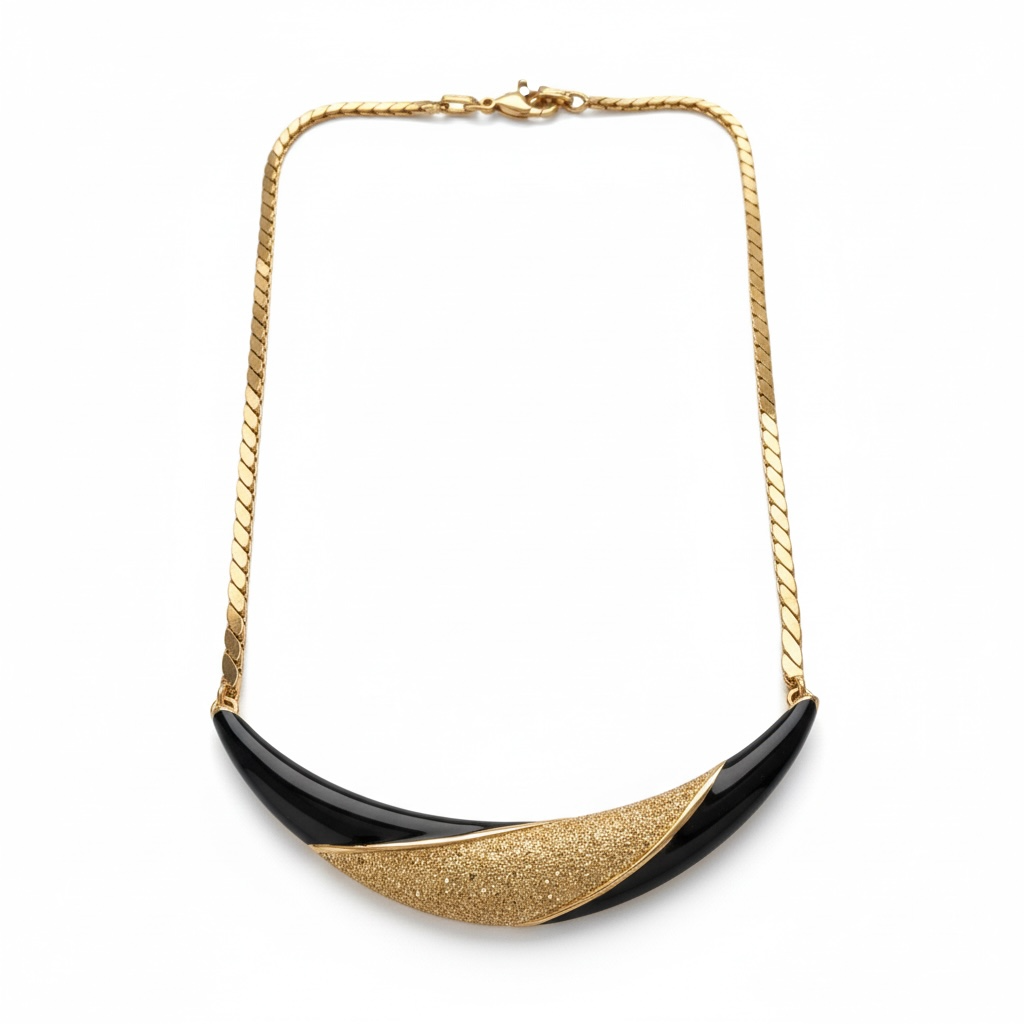 Vintage Christian Dior Gold‑Tone Crescent Necklace with Black Enamel