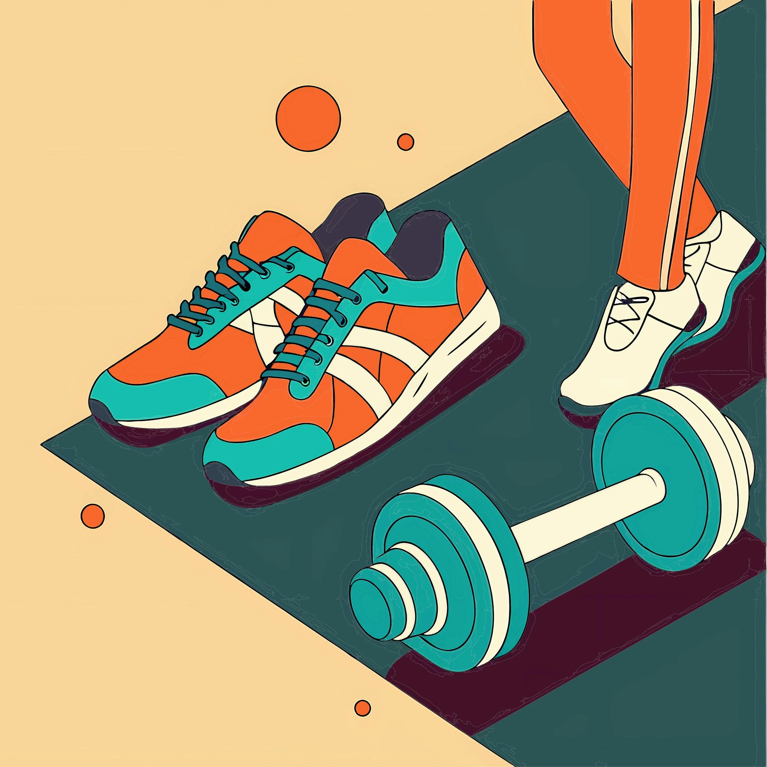 Cartoon illustration of legs, trainers, dumbbells and yoga mat