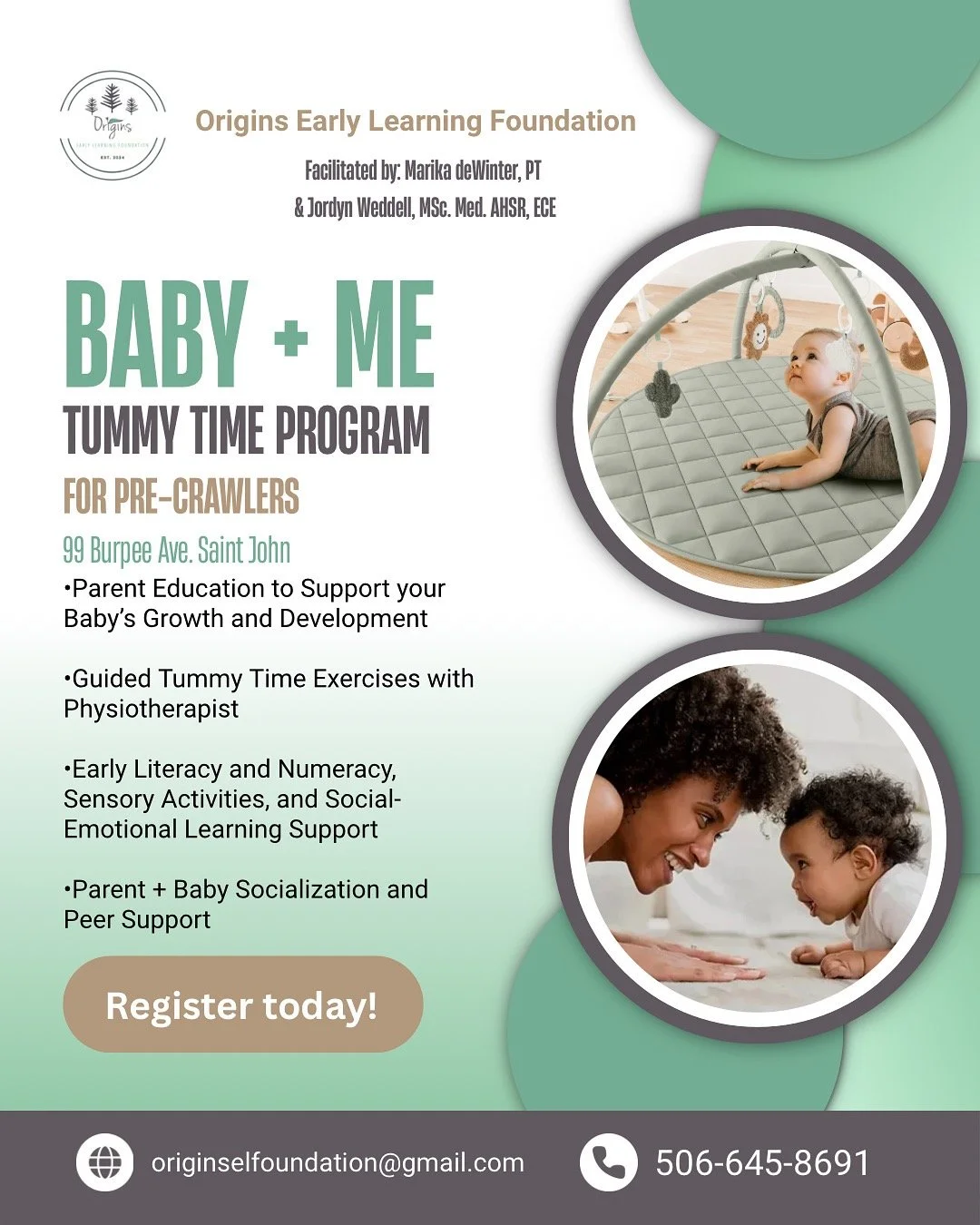 ⬇️ Check out this amazing program offered by Origins Early Learning Foundation ⬇️

We are excited to invite you and your little one to join our upcoming Baby + Me: Tummy Time Program &ndash; an 8-week series designed to support your baby&rsquo;s deve