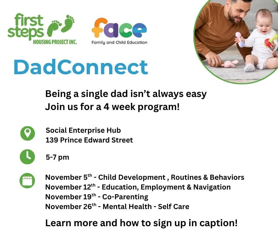 Calling all single dads! 👋
FACE and First Steps are teaming up for DadConnect — a supportive 4-week series for single fathers looking to connect, learn, and grow. 💬
Each week focuses on a key topic:
🗓️ Nov 5 – Child Development &
