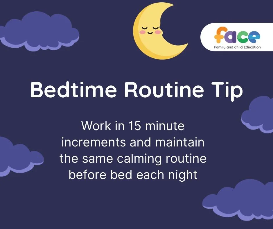 🛏️ Bedtime Routine Tip 🕯️

Keeping a consistent bedtime routine can help children feel calm and ready for sleep. Try breaking the routine into 15-minute increments for a predictable, stress-free evening. 

For example:

🛁  6:30&ndash;6:45 PM: Bath