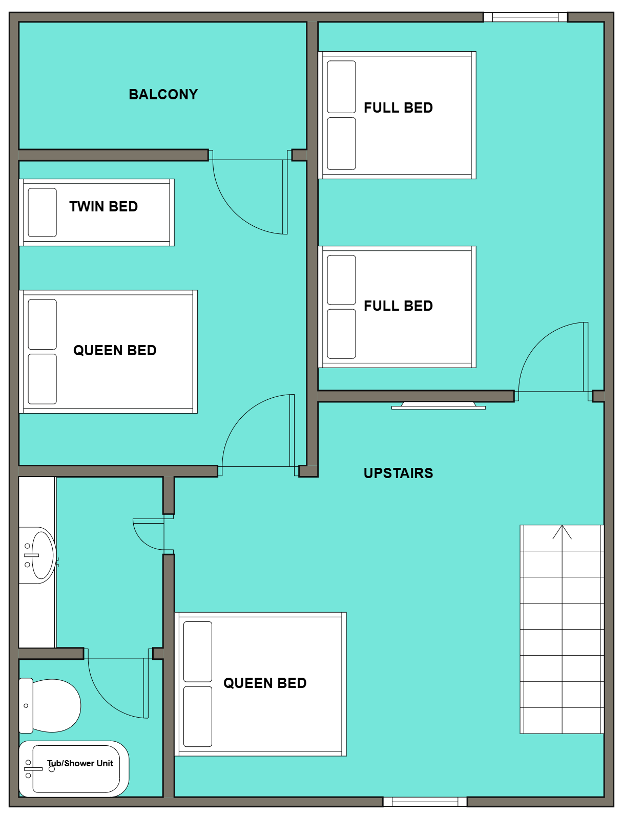 Floor plan of second story showing two bedrooms, one with a queen bed and one with two full beds, a bathroom, and an upstairs living area with two additional full beds. A balcony is accessible from the bedroom with the twin bed.