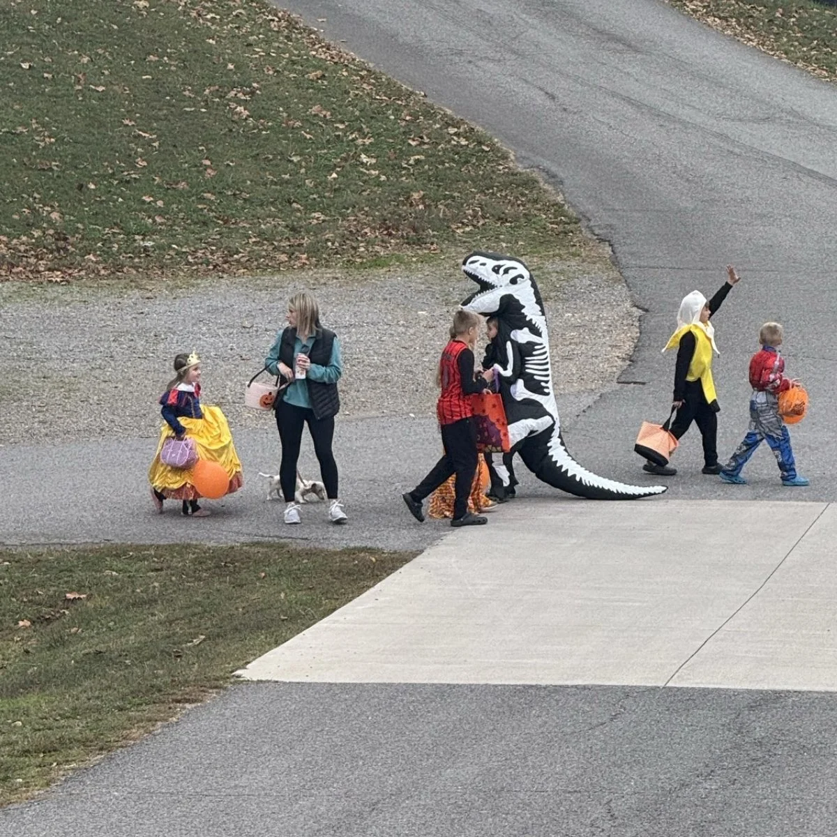 Kids trick-or-treating around Holiday Hills Resort in colorful costumes, collecting candy during Halloween.