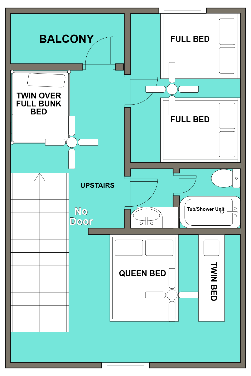 Floor plan of a residential space with bedrooms, bathroom, balcony, and stairs.