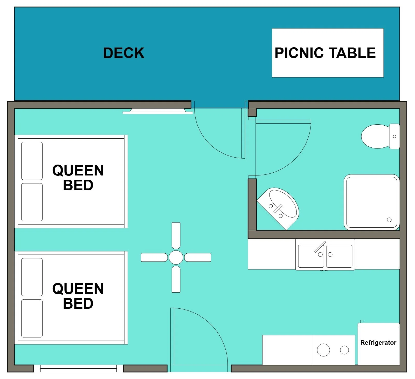 Floor plan for Studios Reel Retreats at Holiday Hills Resort on Lake Barkley.