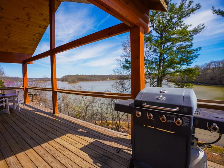 Holiday Hills Log Cabin porch with lakeside view