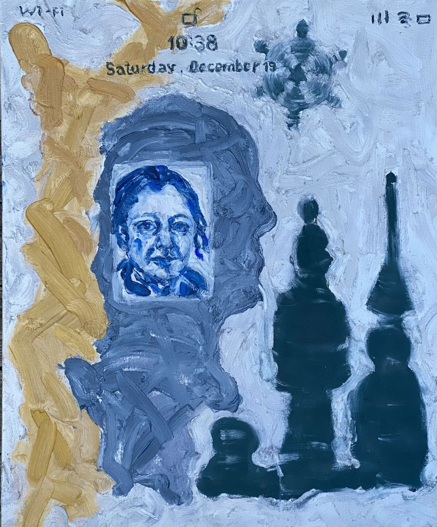 Title: While I'm Alone And Blue As Can Be 
Date: 2020 
Medium: oil on Belgium linen canvas 
Dimensions: 30 x 36 x 1 in 
