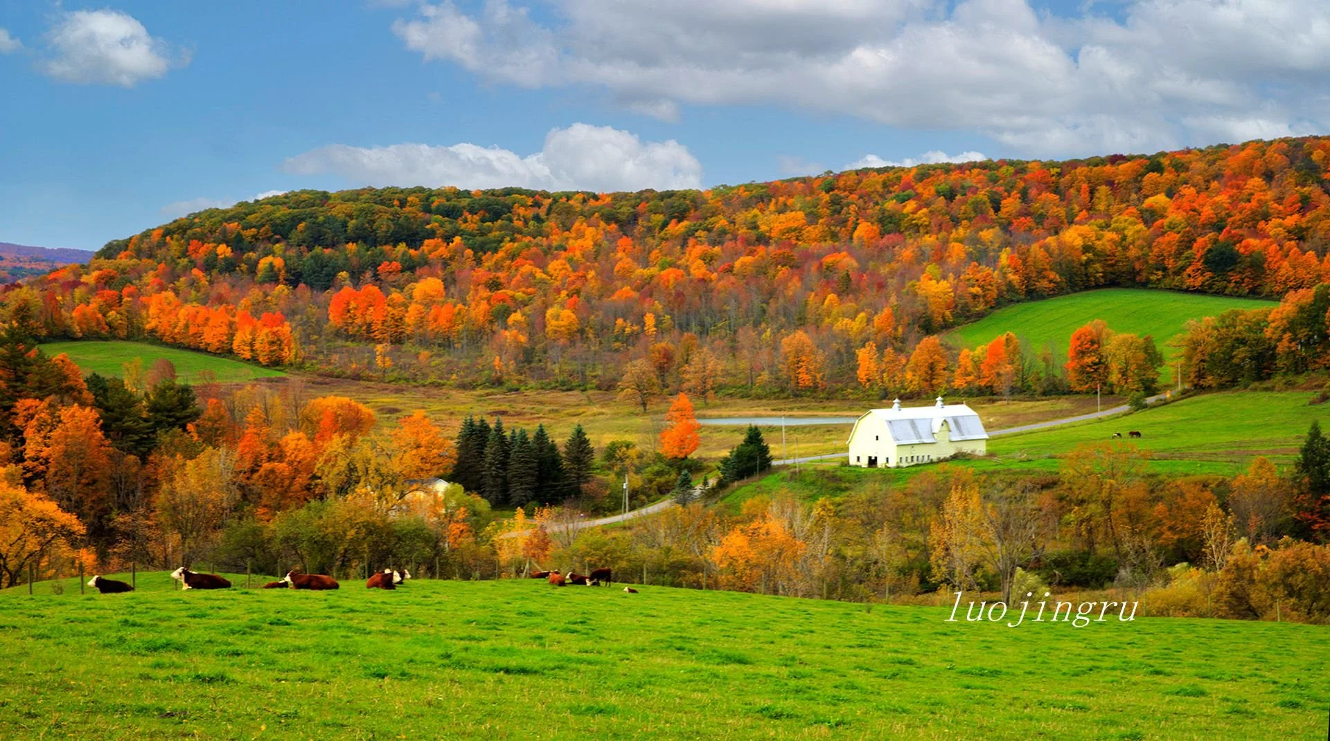 A barn stands among brilliant red autumn trees in the Catskill Mountains of upstate New York.