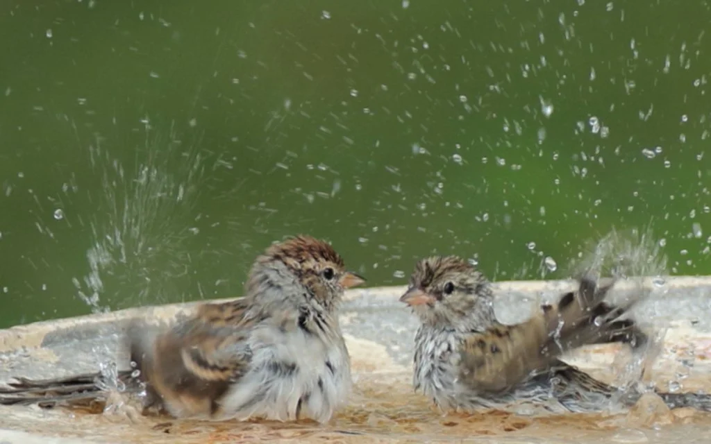 Two small birds bathing in a birdbath with water splashing around them.
