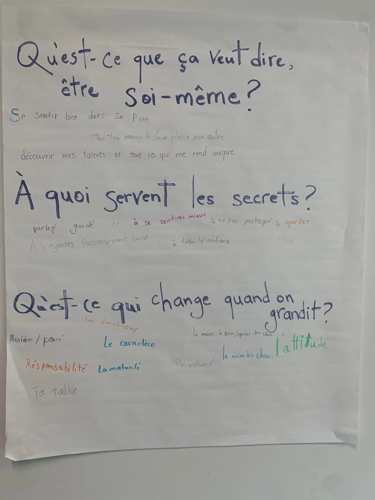 Une affiche avec des questions en français sur l'estime de soi, les secrets et le changement personnel, écrites avec différentes couleurs et styles de texte.