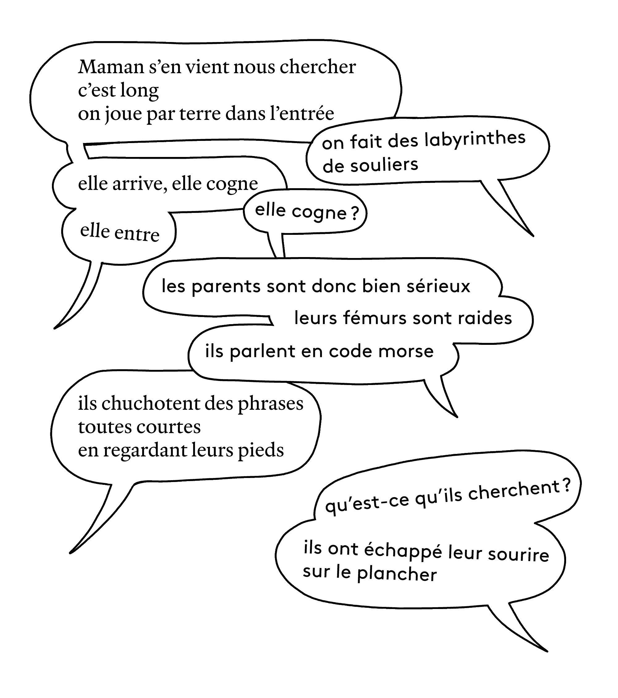 Une illustration avec plusieurs bulles de dialogue en français, décrivant des enfants jouant et parlant de leurs parents et de jeux d'enfant, dans un style graphique simple avec un fond noir.