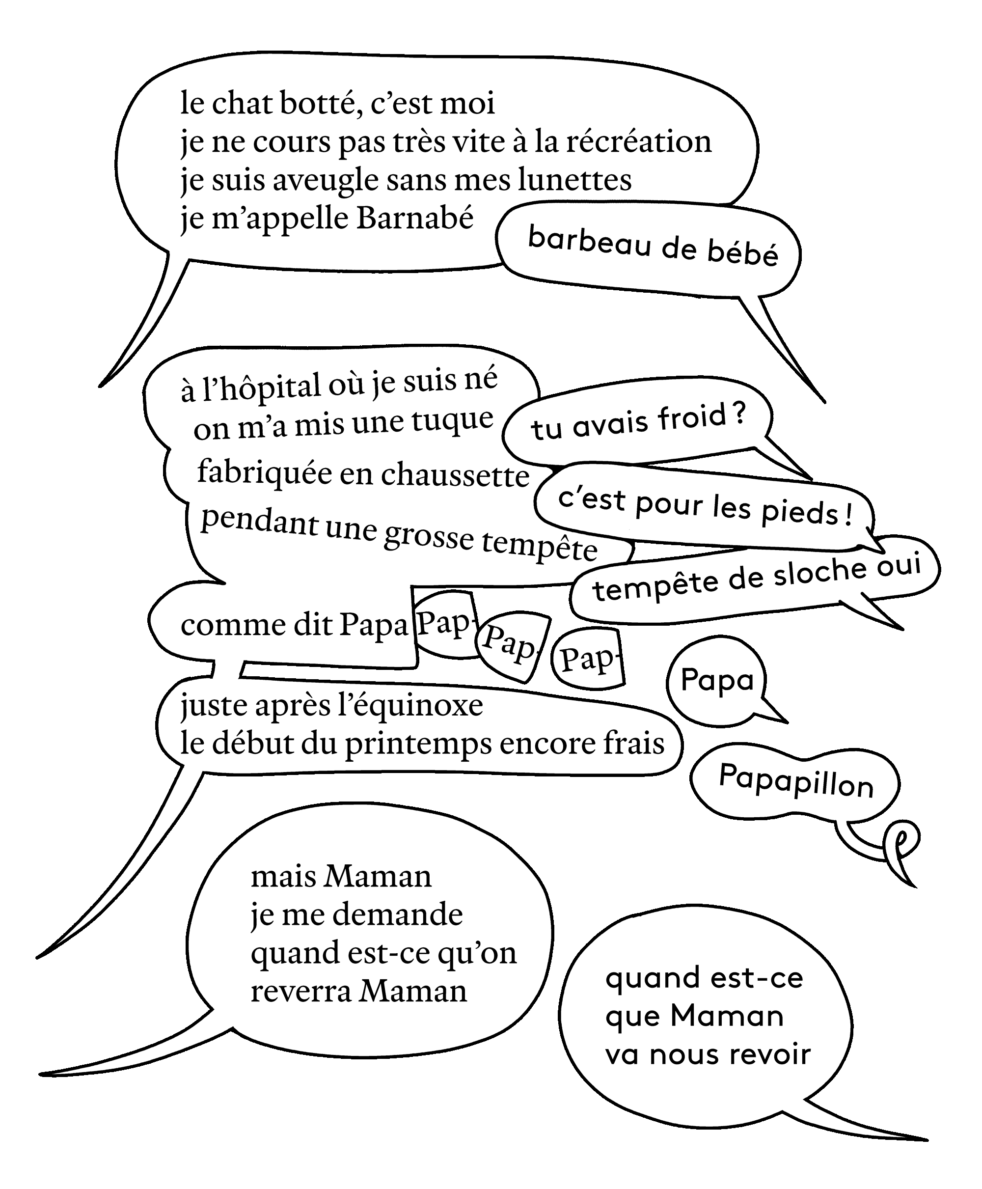 Conversation de plusieurs personnes discutant de sujets variés comme un chat, la naissance, le temps, et la saison du printemps, avec différents styles d'ballons de dialogue sur un fond noir.