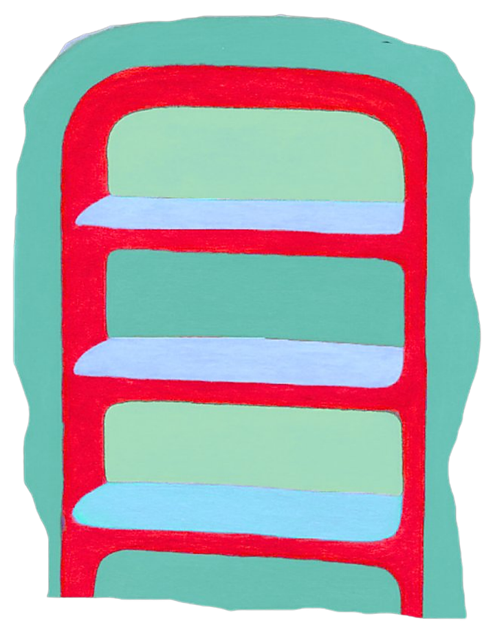 Une étagère rouge avec cinq niveaux, chaque niveau étant peint en vert avec des surfaces bleues, sur un fond vert clair.