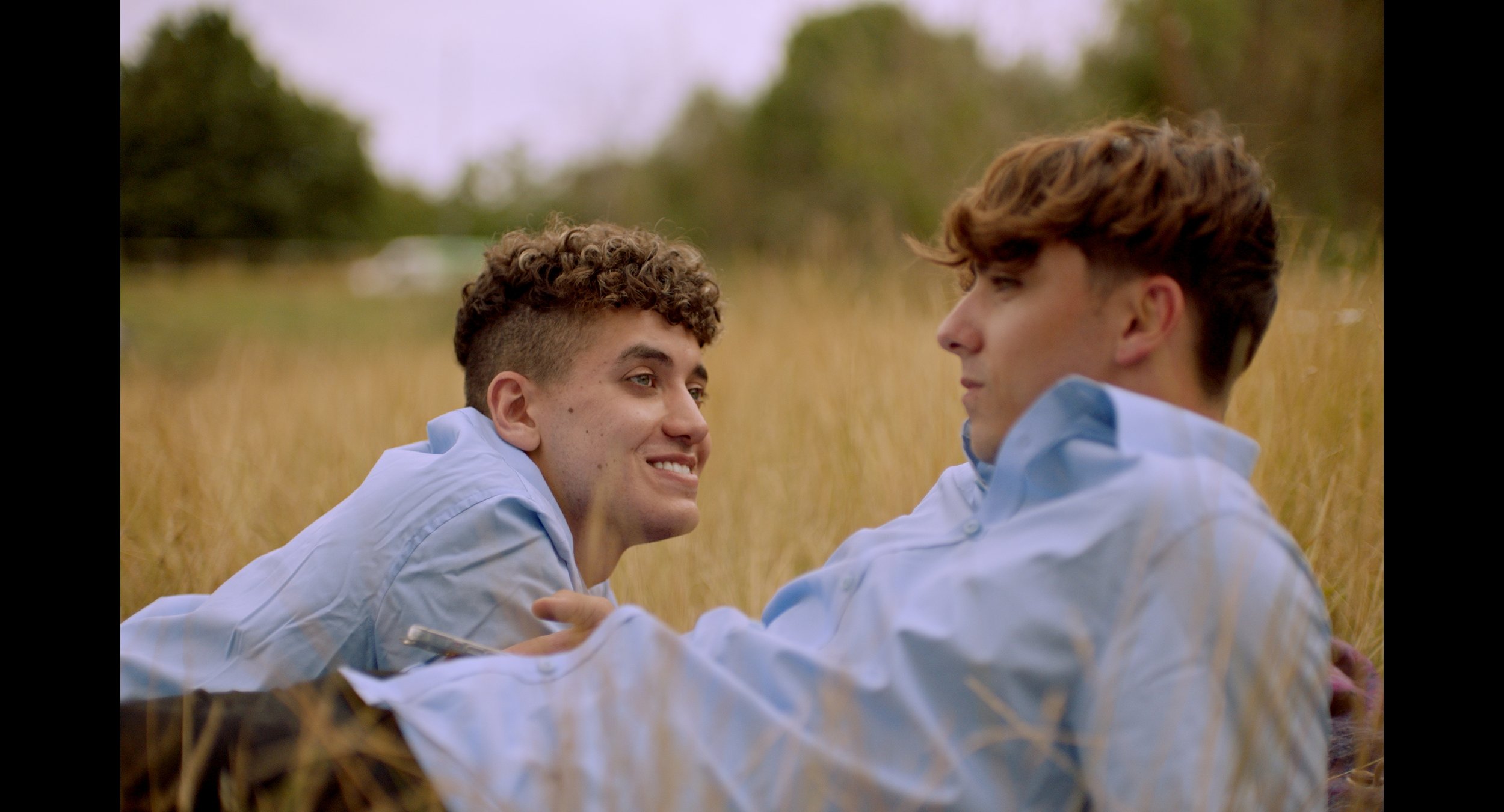 Two young men in blue shirts lying in a grassy field, one smiling at the other with trees in the background.