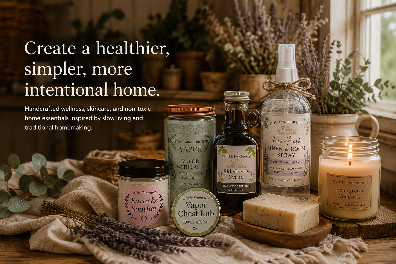 A collection of natural home wellness products, including vapor bath salts, elderberry syrup, linen and room spray, earache soother, vapor chest rub, soap, and a candle, arranged on a rustic wooden table with a cozy, homey background.