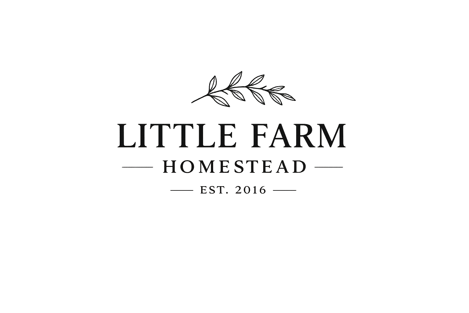 A logo for Little Farm Homestead with a leaf illustration above the text 'LITTLE FARM' and smaller text 'HOMESTEAD' and 'EST. 2016', all on a gray background.