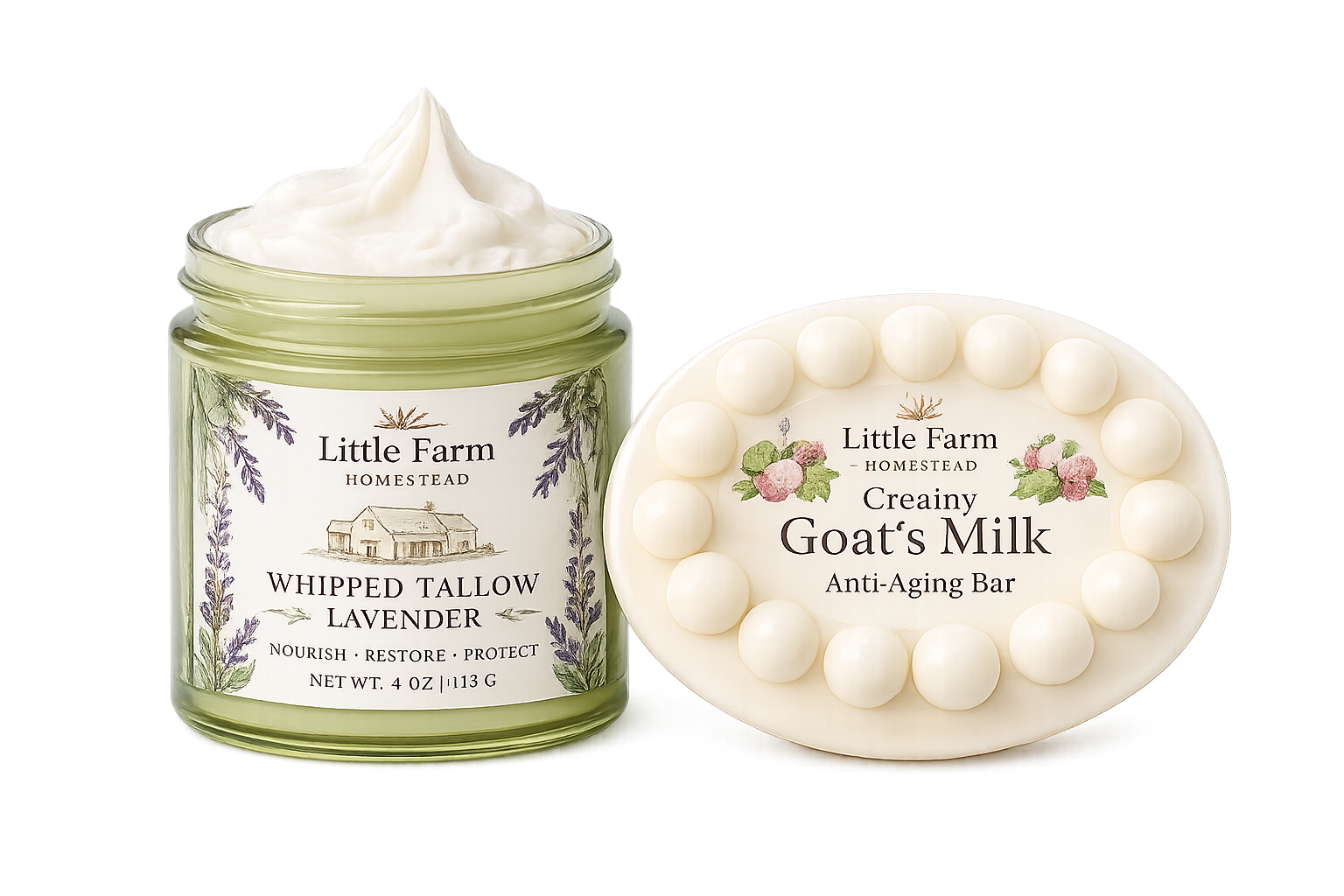 A jar of Little Farm Homestead Whipped Tallow Lavender moisturizer with a swirl of cream on top, next to a bar of Little Farm Homestead Creamy Goat's Milk anti-aging soap with round white soap beads around the label.