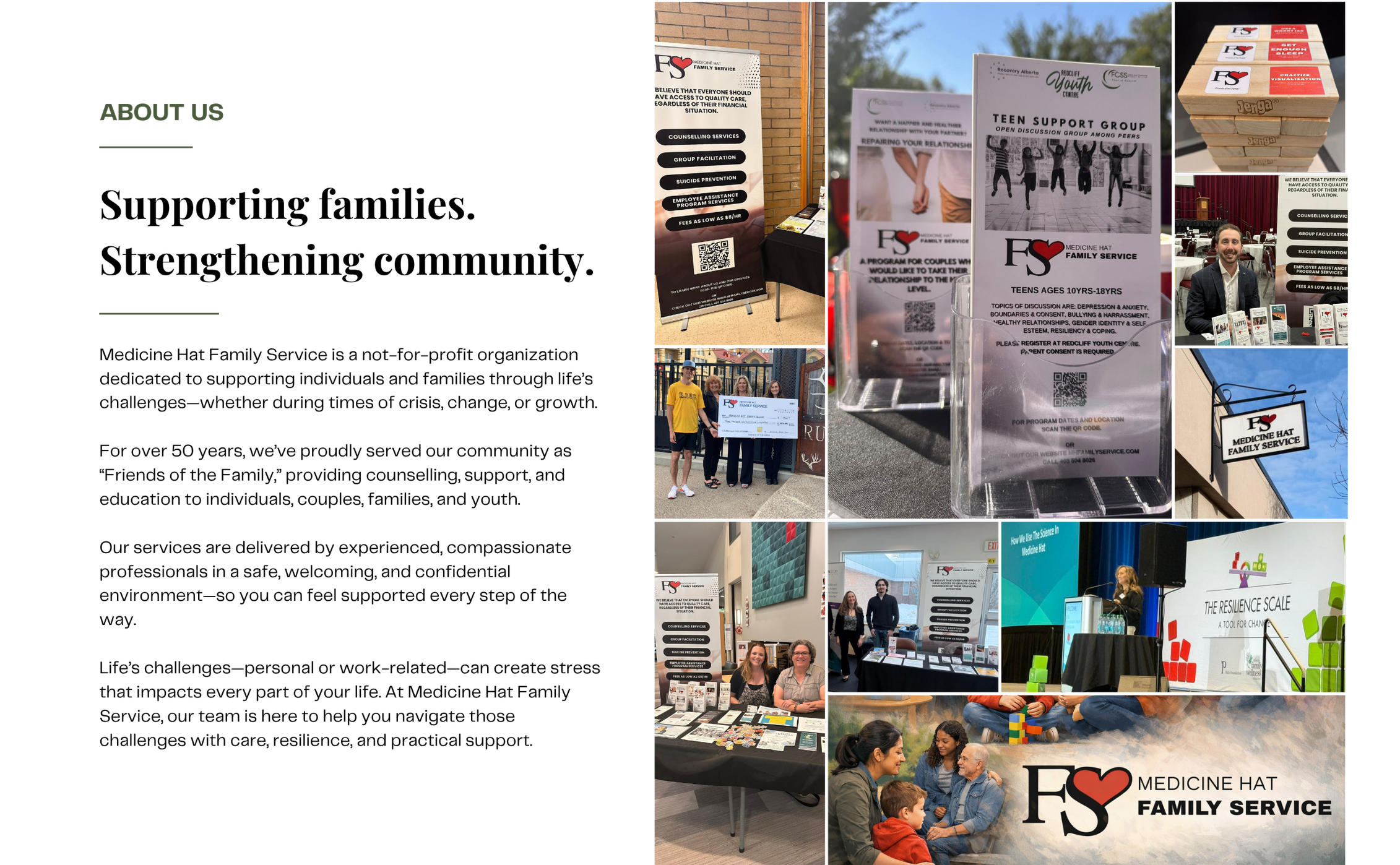 Various photos of community events and informational booths related to Medicine Hat Family Service. Images include signs for counseling and support programs, people attending and staffing booths, and a speaker at a conference.