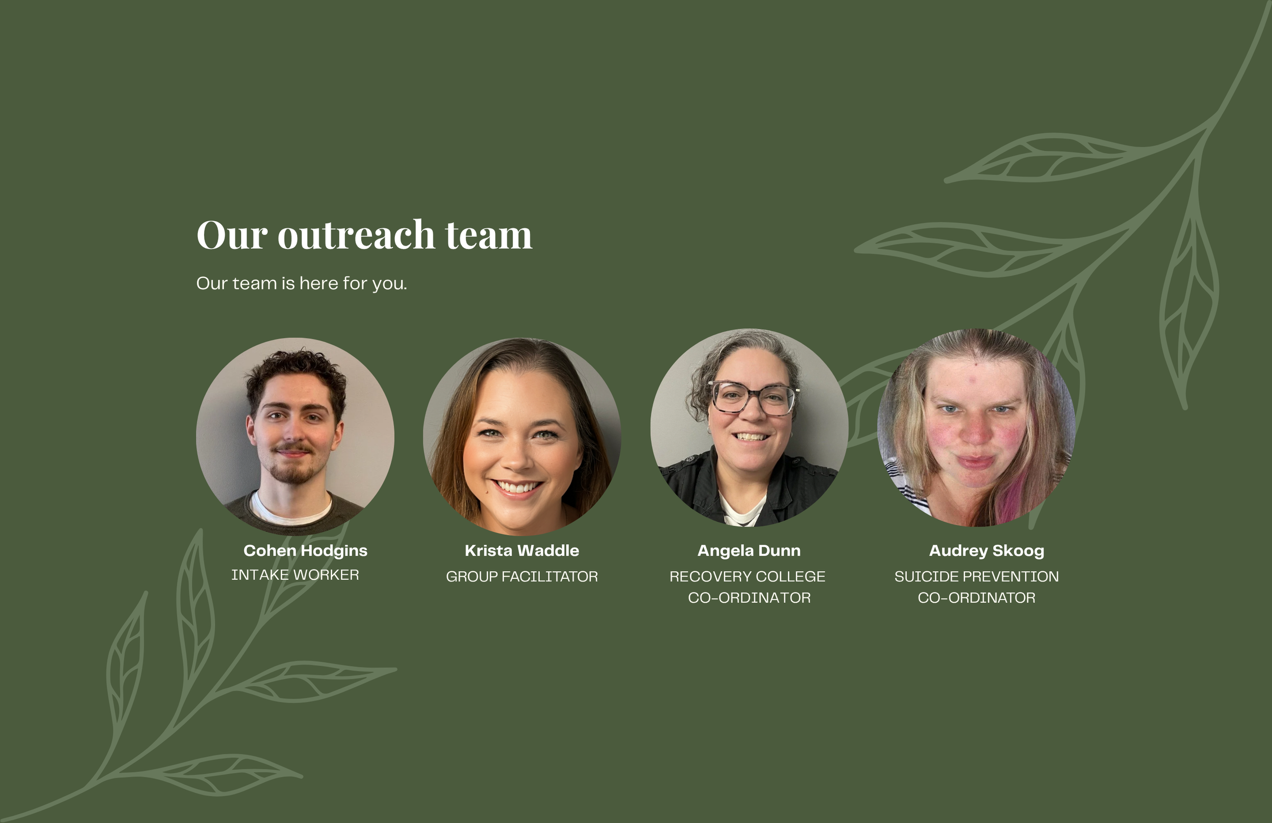 A webpage introducing the outreach team with photos of four team members: Cohen Hodgins, Krista Waddle, Angela Dunn, and Audrey Skoog, each with their roles and titles listed.