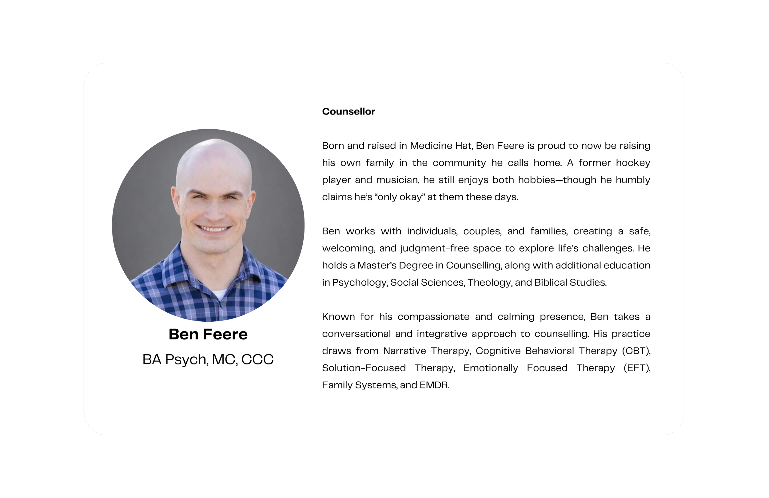 Contact information card for Ben Feere featuring a portrait photo, his name, and biography.