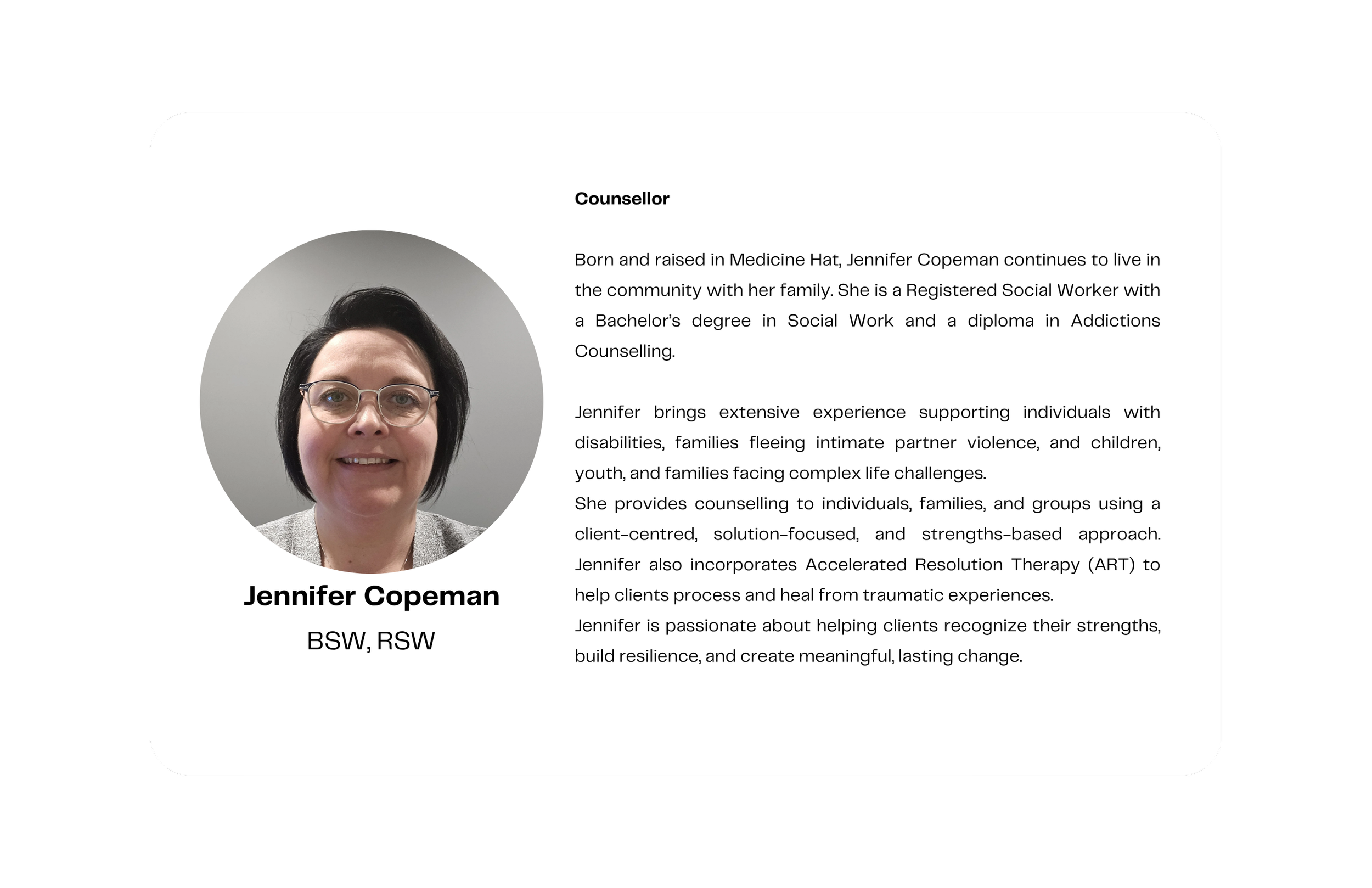 Profile picture of Jennifer Copeman, a woman with dark hair, glasses, and a friendly smile, accompanied by a biography detailing her background and expertise in social work and counseling.