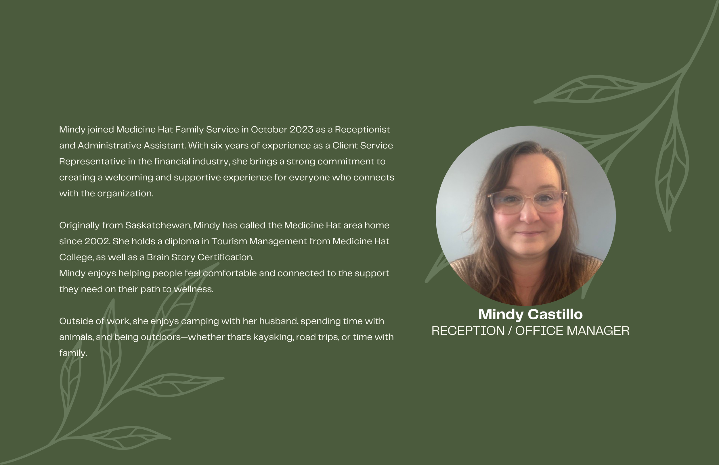 Profile picture of Mindy Castillo, an office manager, with a green background and decorative leaf illustrations, along with a biography text.