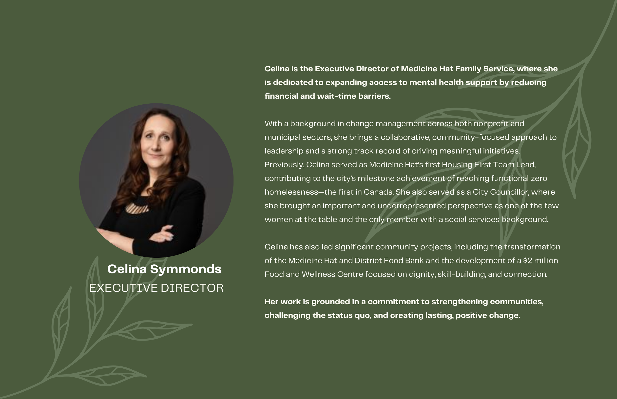 Profile image of Celina Symmonds, an executive director, with description of her background and work, on a green background with leaf design elements.