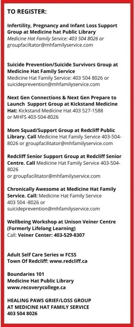 A flyer listing various support groups and services offered at Medicine Hat Public Library, including infertility and pregnancy support, suicide prevention, support for new and expecting parents, senior support, chronic illness support, well-being workshops, self-care series, boundaries education, and grief/loss groups.