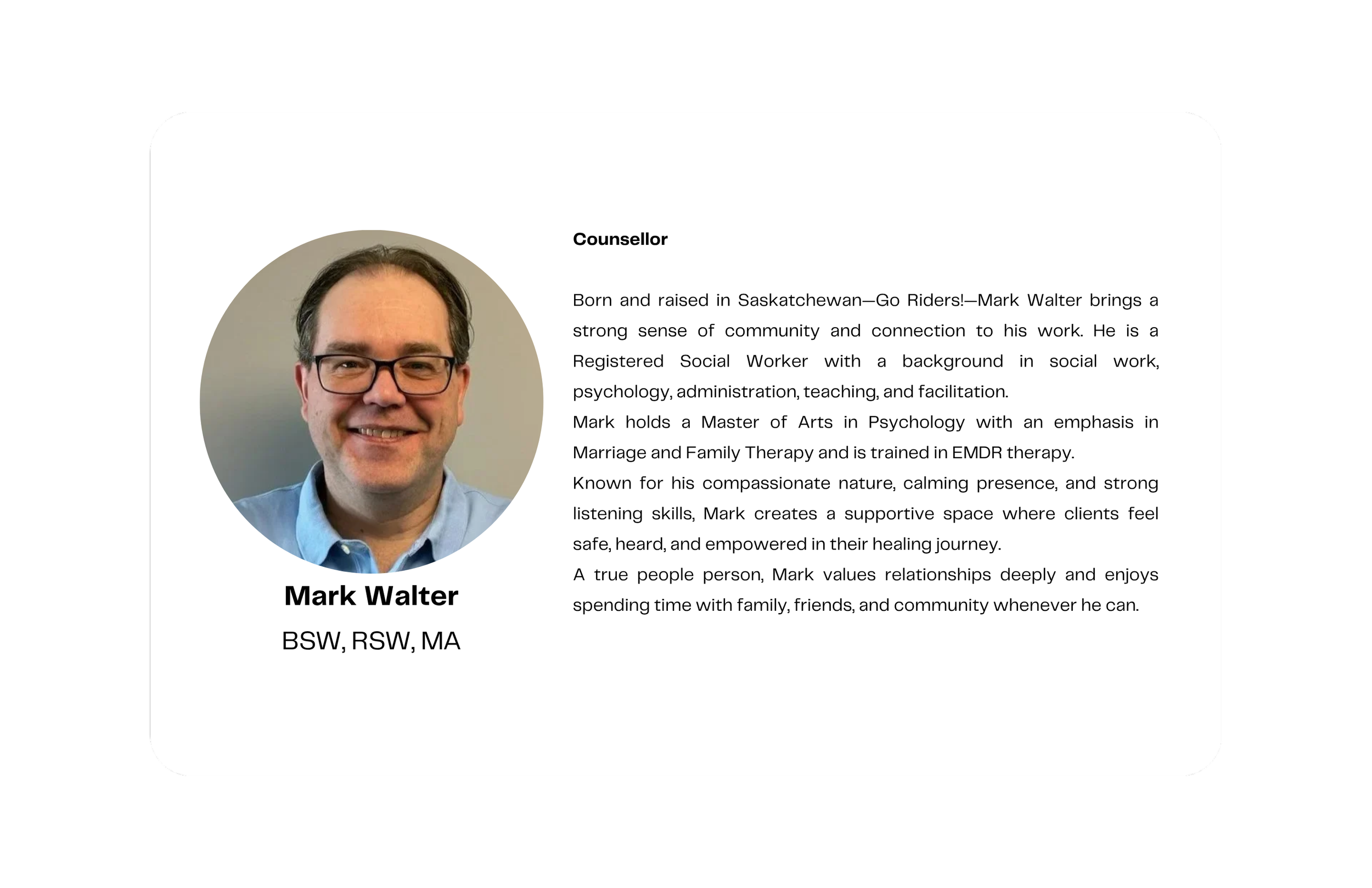 A professional profile card featuring a photograph of Mark Walter, a counselor, along with his biography and credentials.