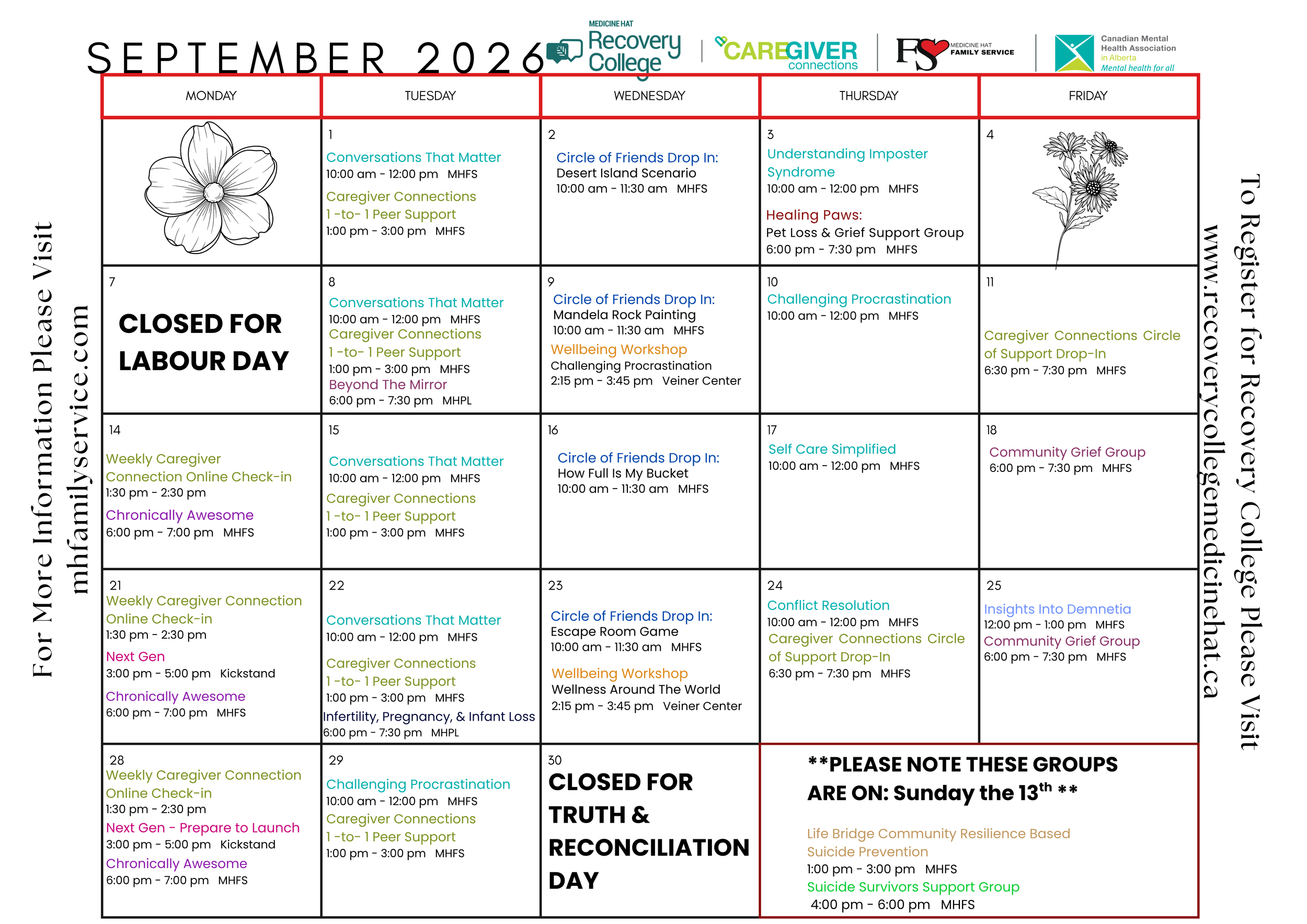 September 2026 calendar for a mental health recovery center, showing scheduled group activities from Monday to Friday, including conversations, caregiver connections, drop-in support, and workshops.