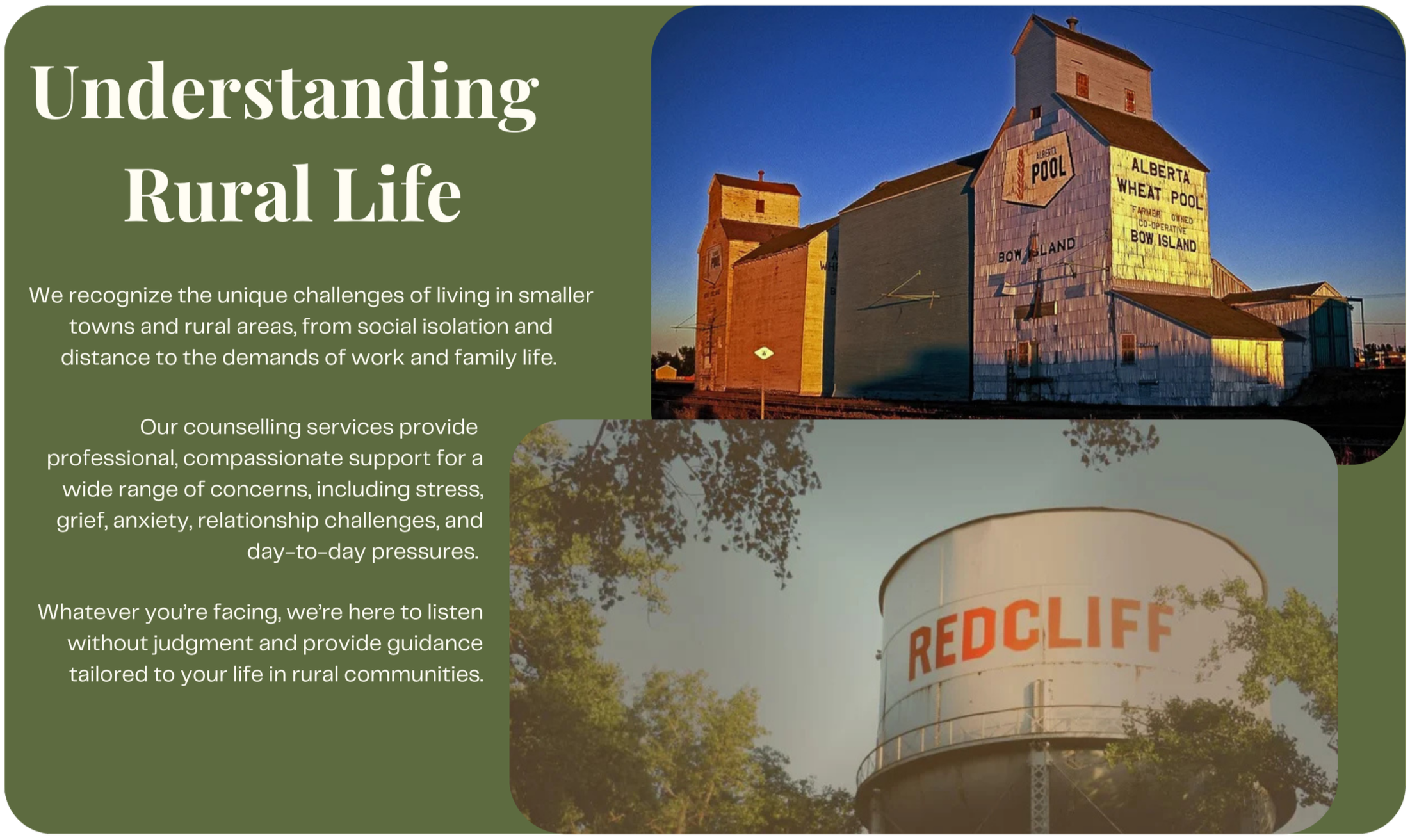 A rural scene featuring grain silos, one labeled 'Redcliff', and another with advertising for Alberta wheat pool, Alberta pool, and Bow Island, against a blue sky background.