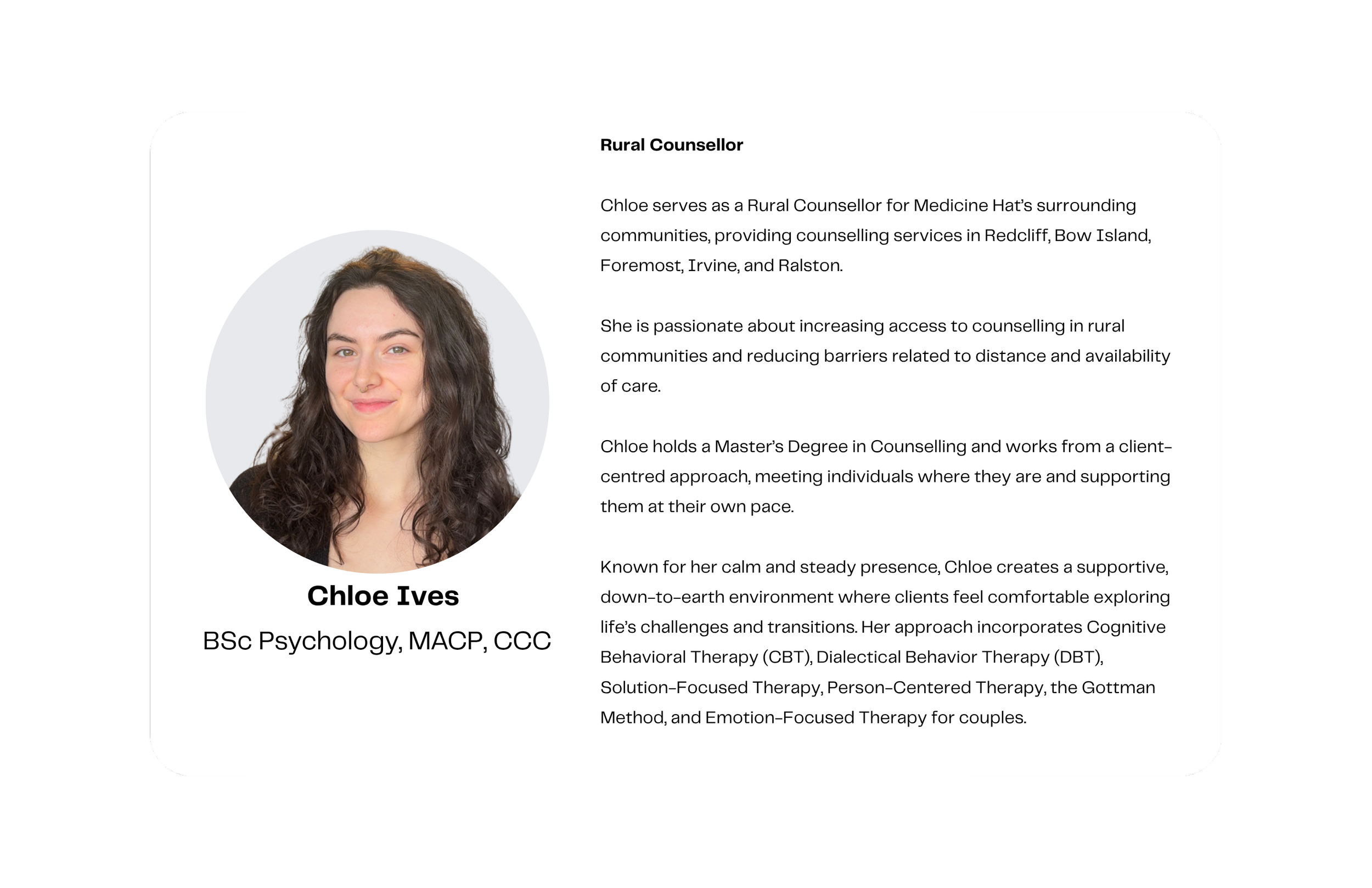 Profile picture of Chloe Ives, a young woman with long curly brown hair, smiling, with a white background. The text beside her describes her as a counselor with a background in psychology.