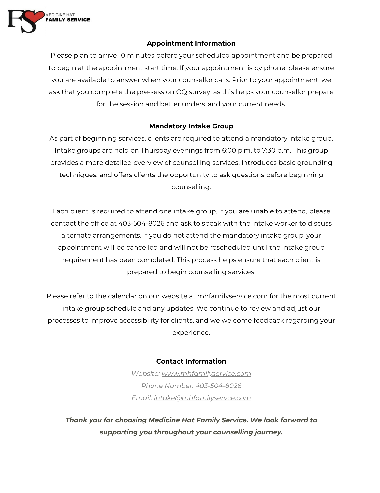 Document titled 'Appointment Information' from Medicine Hat Family Service with contact details and website, featuring their logo with 'F' and 'S' and a red heart.