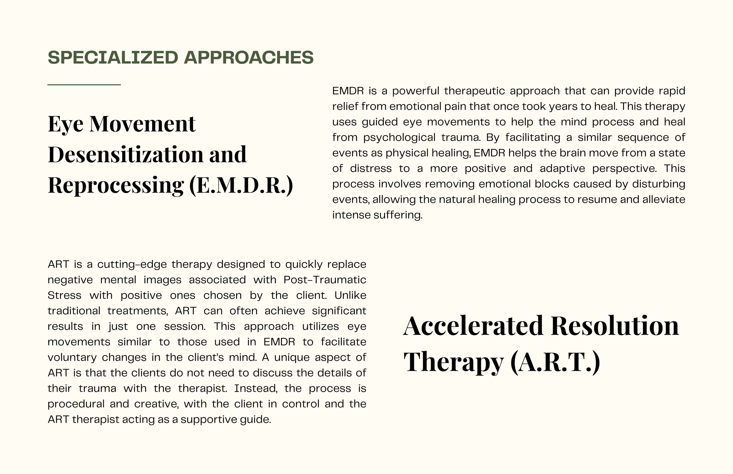Text discussing specialized approaches in therapy, including eye movement desensitization and reprocessing (E.M.D.R.) and art therapy (A.R.T.).