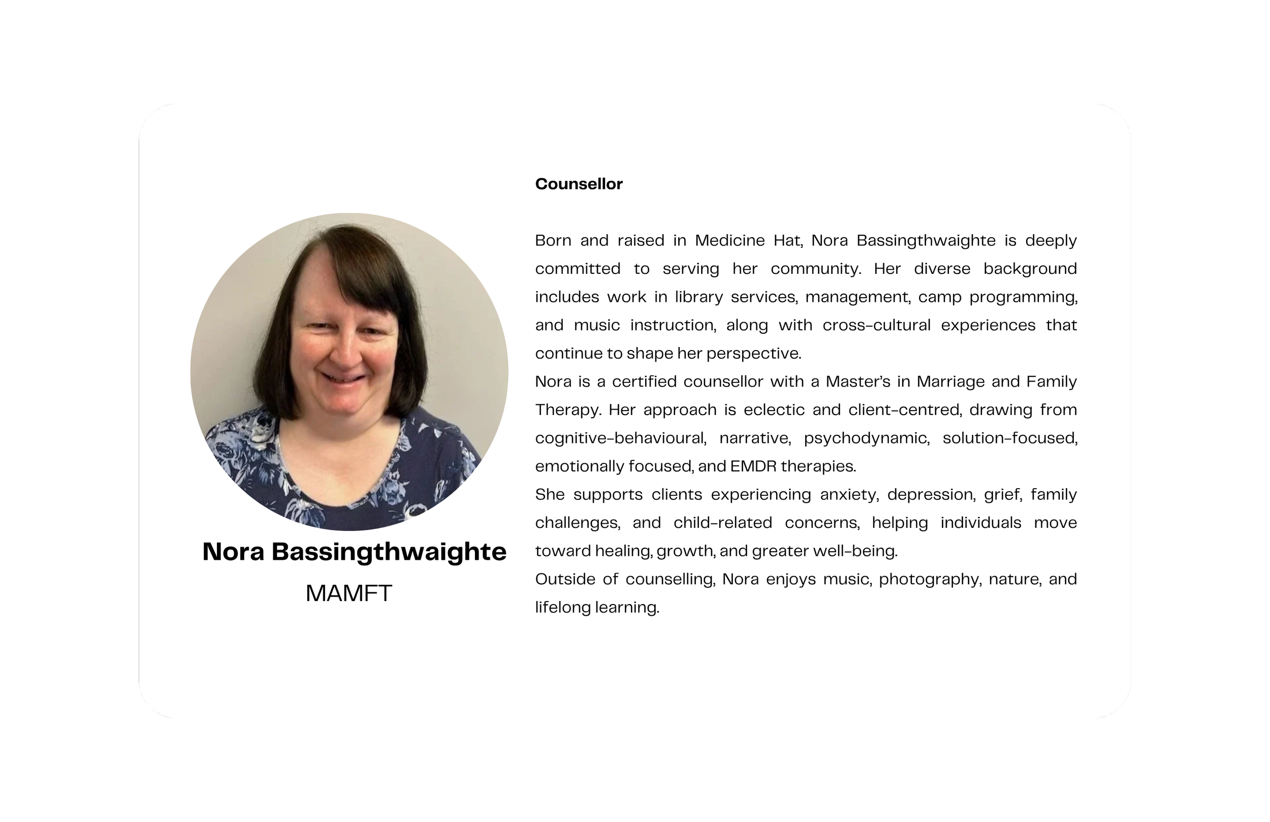 A professional profile card featuring a photo of Nora Bassingthwaigte on the left and a biography on the right. The biography describes her background, work, and interests as a counselor, emphasizing her commitment to her community and her approach to therapy.