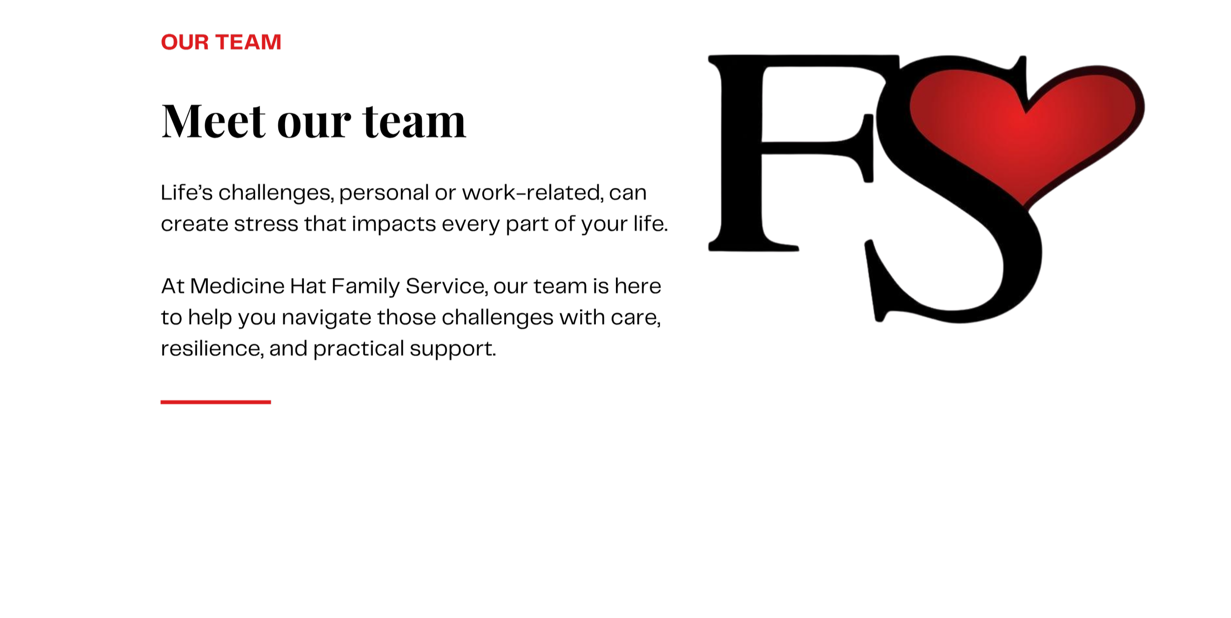 Design featuring the words 'Our Team' in red text, a large black letter 'E' and 'S', and a red heart symbol.