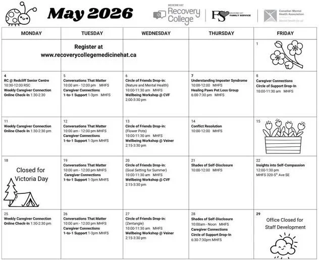 Calendar page for May 2026 with scheduled events and notes, including weekly caregiver connections, conversations that matter, circle of friends drop-in, conflict resolution, and self-disclosure workshops, along with a note of Victoria Day closure.