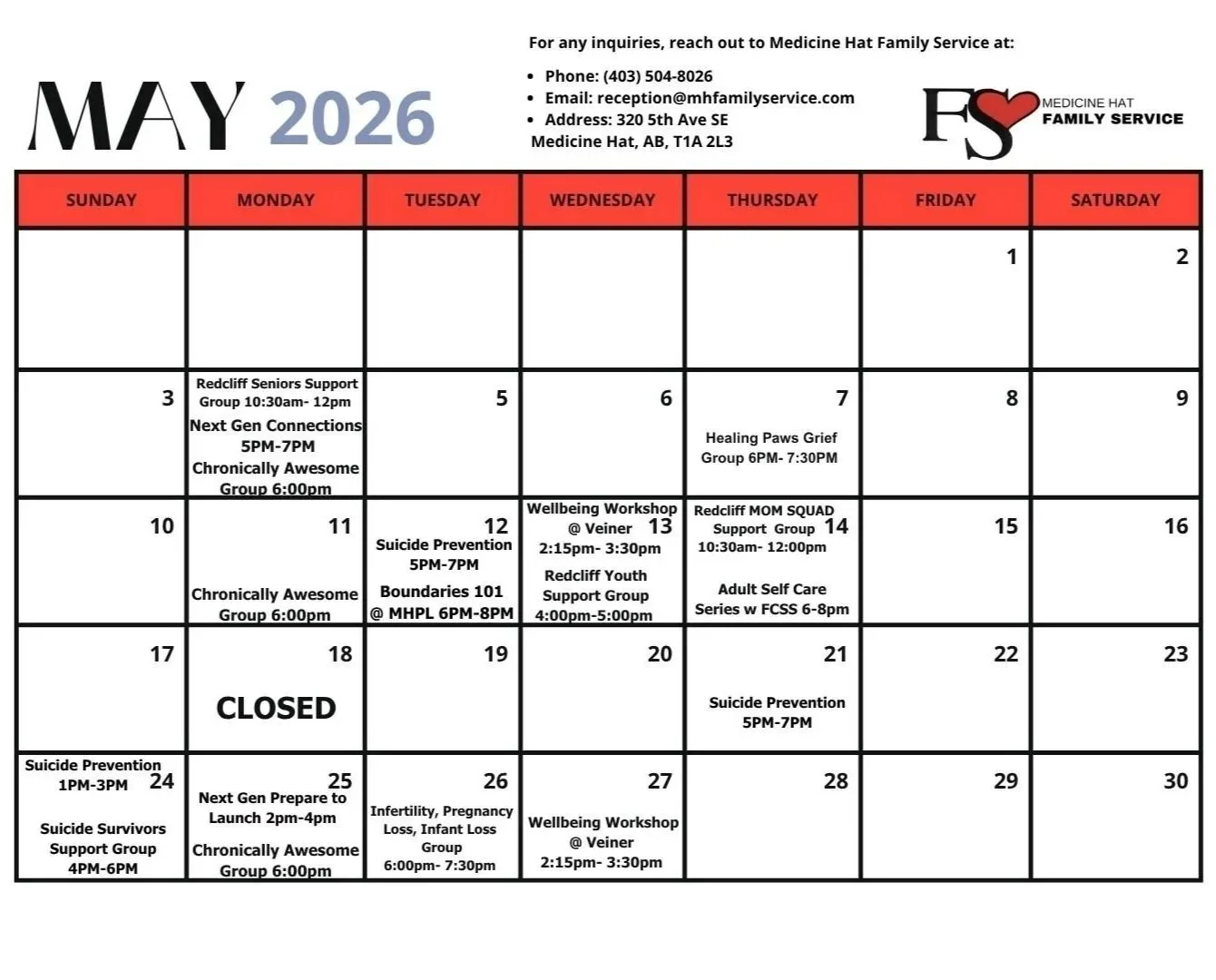 May 2026 calendar for Medicine Hat Family Service with scheduled support groups, workshops, and events, including Suicide Prevention, Chronicly Awesome, Wellbeing Workshop, Redcliff Seniors Support, and Youth Support Groups.