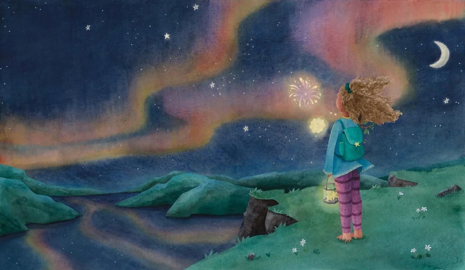 The little blonde girl named "Ivy" is standing with her back to us on a grassy cliff. She is facing the dark night sky, looking at orange and pink glowing streaks of light in the sky, that resemble Northern Lights. In her hand, there's a lantern.