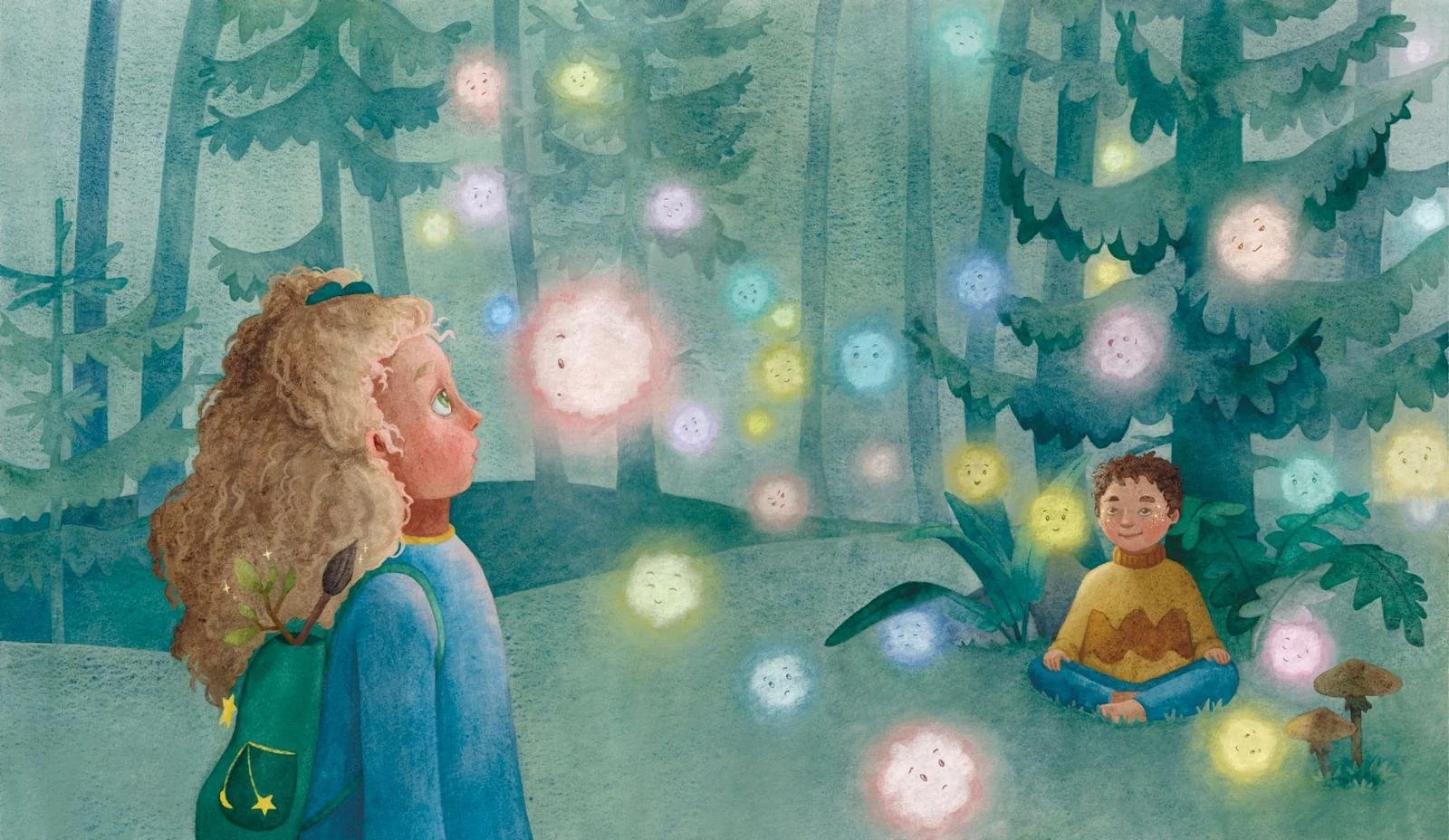 The little blonde girl Ivy is standing eye to eye with one of her emotion fluff puffs, that is floating through the dark forest air. It is red and glowing and Ivy seems to be a little scared.