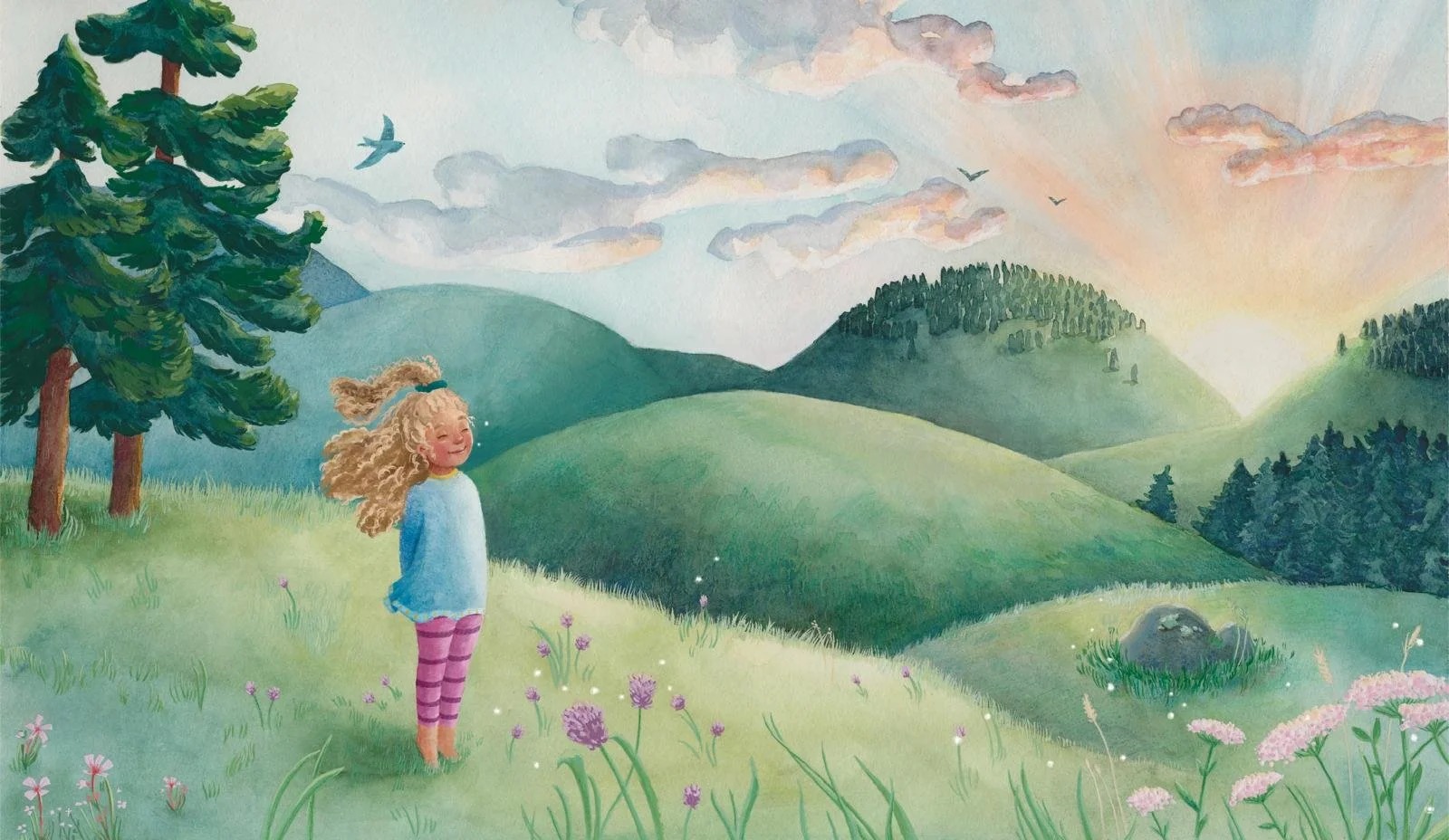 A little girl with blonde, curly hair named "Ivy" stands in a flower meadow and looks at the sun that is rising in between two grassy hills in the distance. There are two pine trees behind her and a bird is flying through the morning sky.