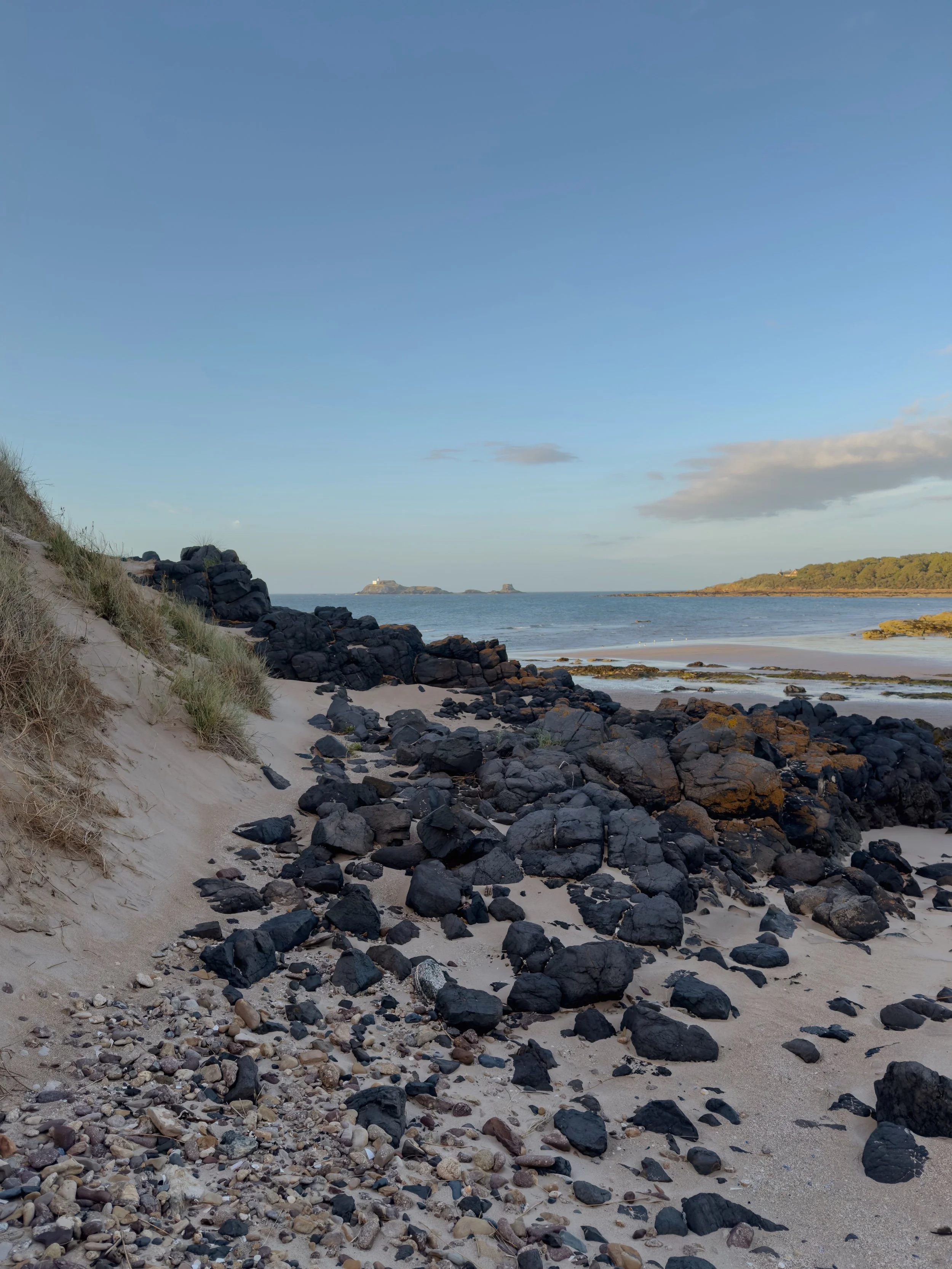 The view to Fidra from Eyebroughy beach, with the sun glowing on the island, and a rocky shore in the foreground, edging the dunes.