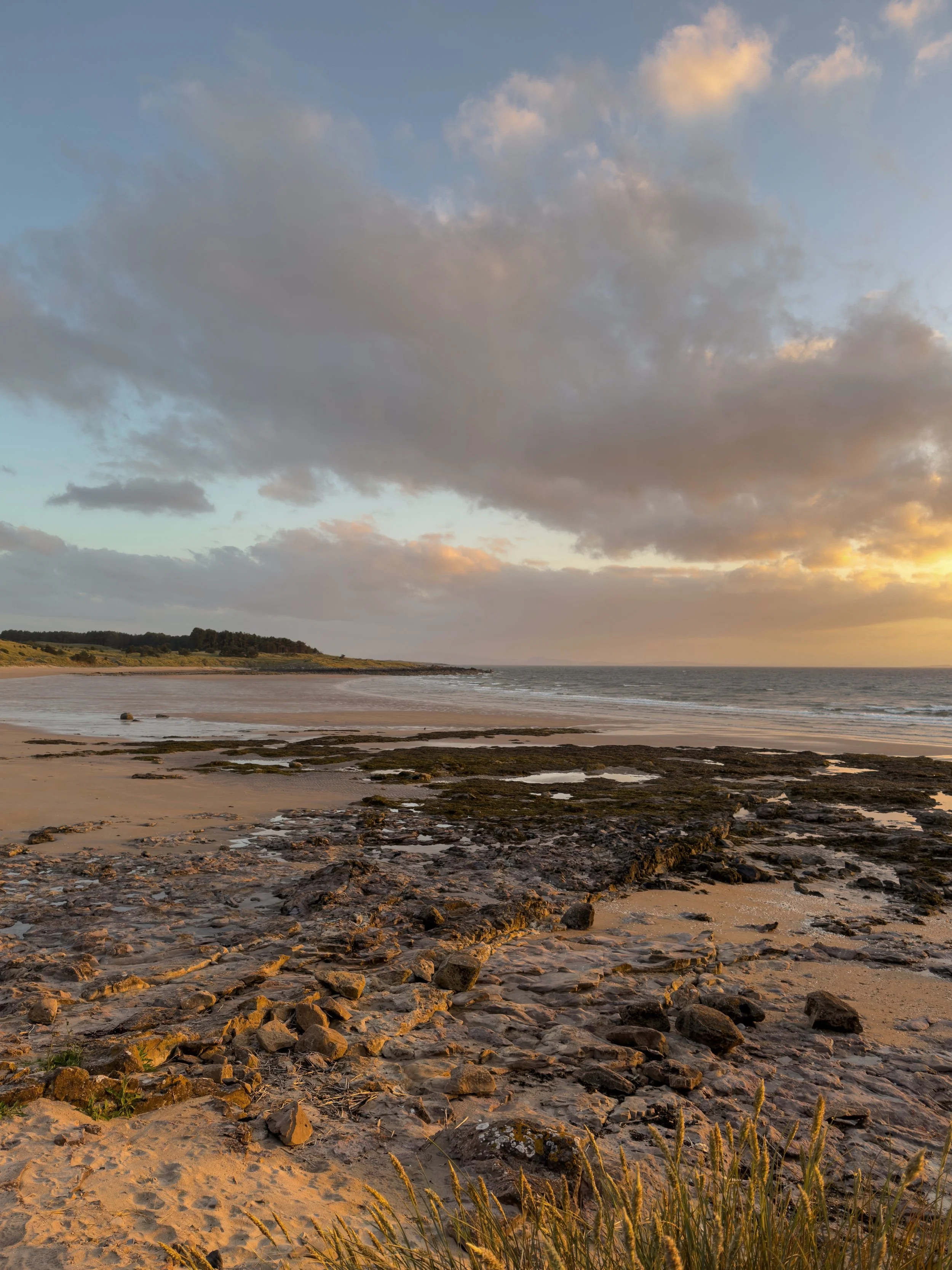 The view across a rocky shore at low tide, with the setting sun glowing across the rocks and through the clouds.