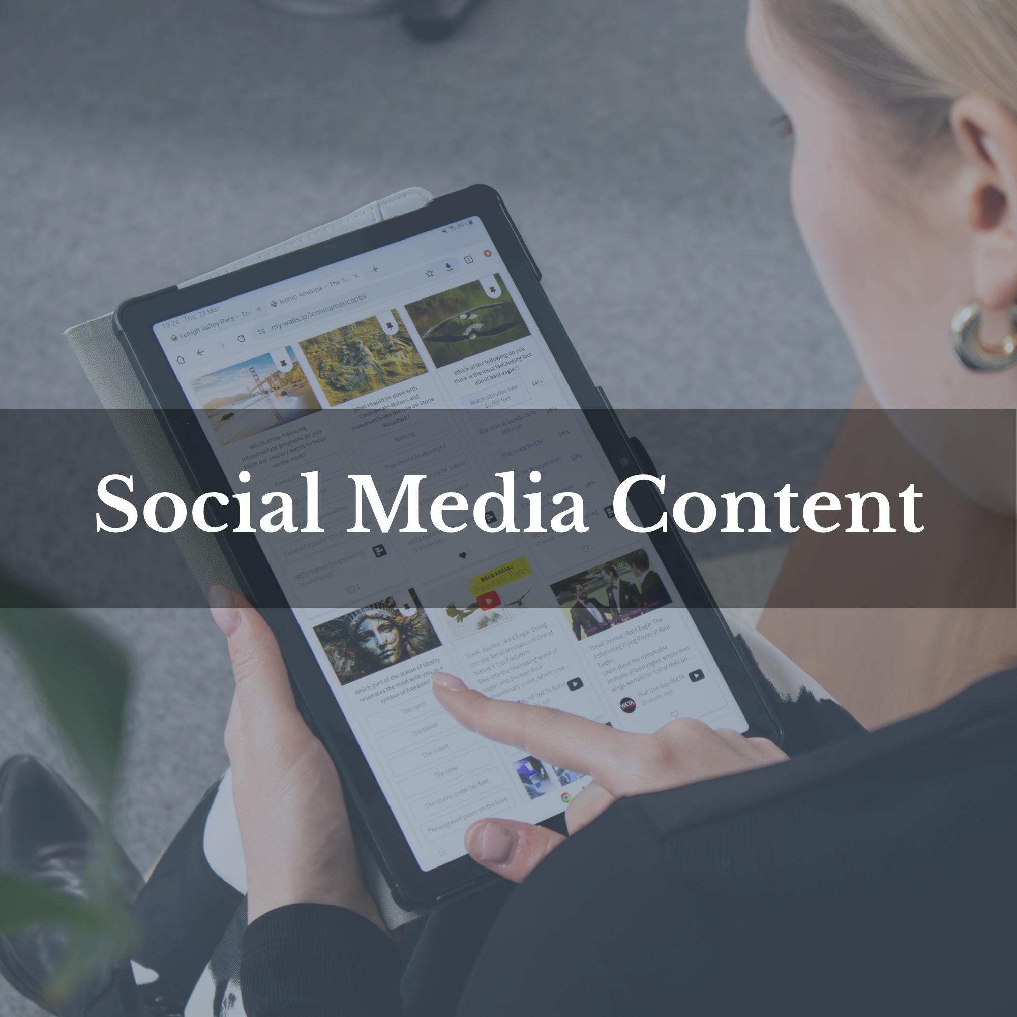 Person using a tablet to browse social media content with a blurred background.