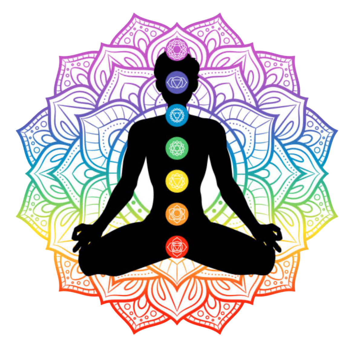 Silhouette of a person in a seated meditation pose with colored chakras aligned along the spine, surrounded by a vibrant mandala pattern.